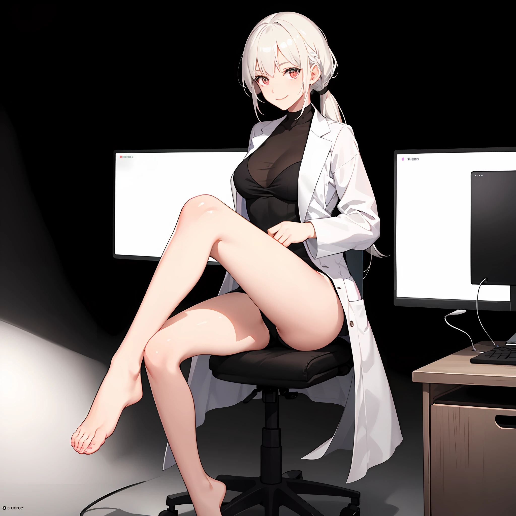 White hair,Long hair, Draped hair, no ponytail girls, White lab coat, Coat, A cup, head-up to the camera, Facing the camera, In a dark room，The girl sat in a black office chair, with her hands folded on her chest, revealing her legs in black silk, With a smiling emoji, and her left foot on her right foot，There is a bunch of flashing displays behind the girl，The display is on a black desk，