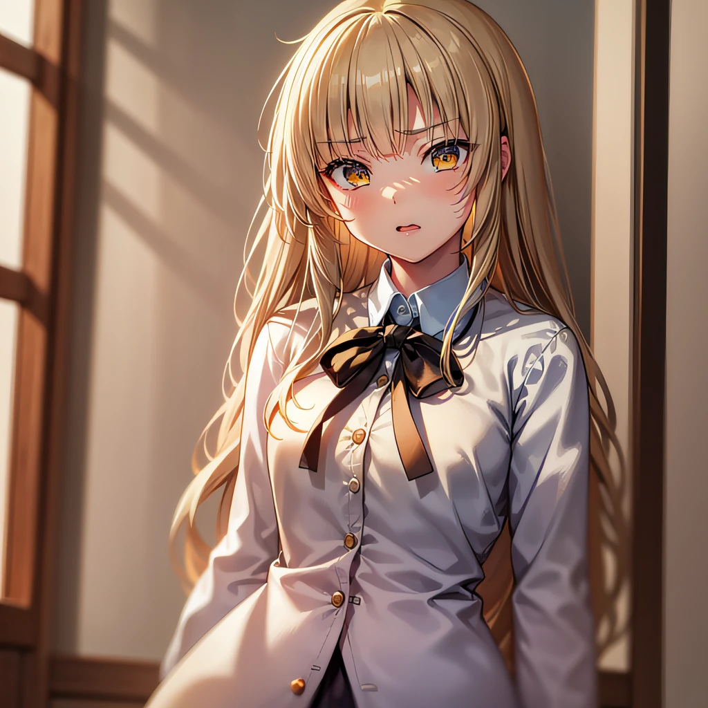 (mahiru shiina), stunning school uniform, (perfect jawline), (full female anatomy),(impeccable facial features), (high detailed)(full body)(short skirt) 8k illustration masterpiece, with a beautiful smile that will make your heart skip a beat,camera facing,blonde hair,golden eyes, seductive,full body --auto