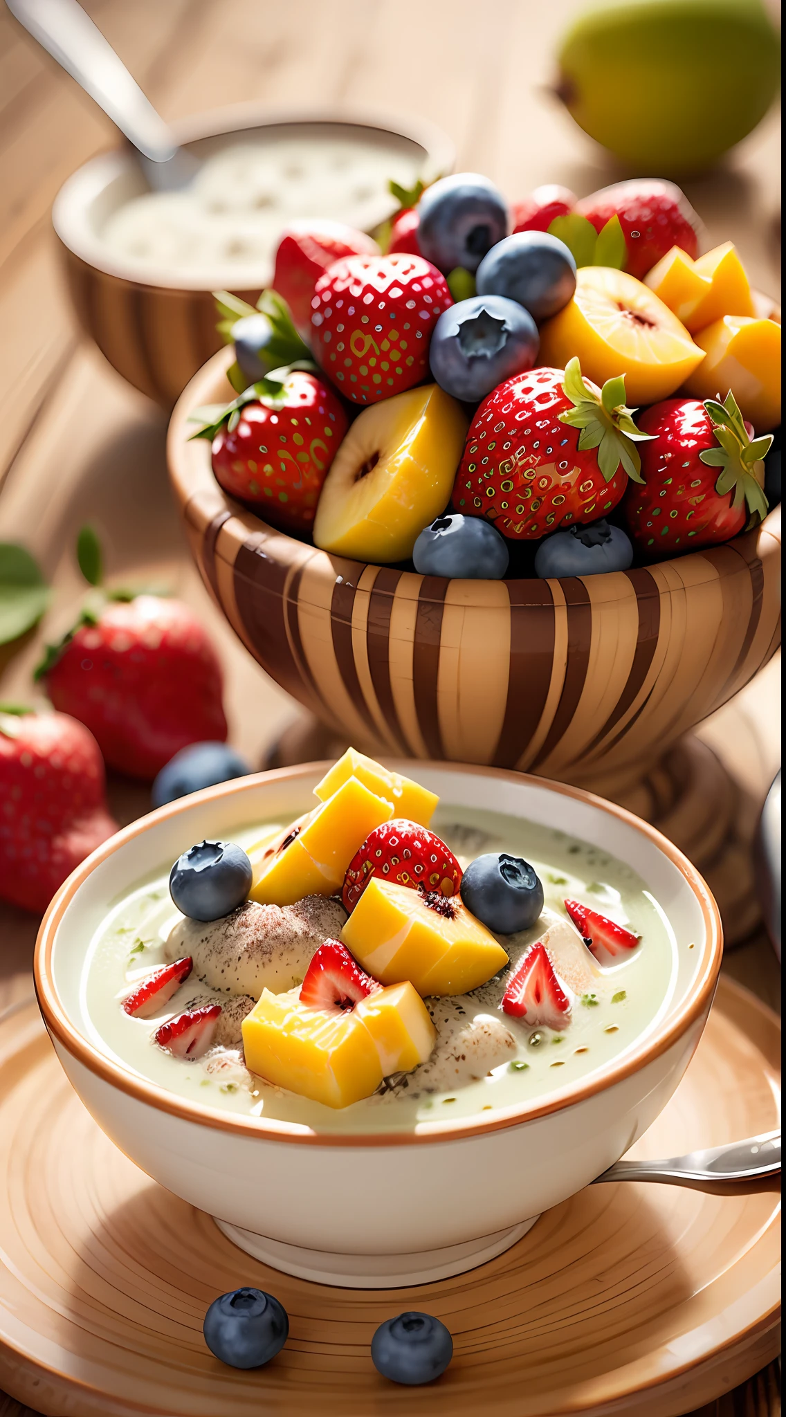 tmasterpiece, Top Quality, Experience, Chic, Boho chic, a gold, utensil, kettle, a cup, TPRELKA, floral print, 2 tablespoons chia seeds 1 cup milk (can be cow's milk, vegetable milk or yogurt) 1 tablespoon honey or other sweetener of your choice 1 teaspoon vanilla extract (optional) Chopped fresh fruits (For example, strawberries, kiwi, mango, blueberries, etc.) for topping --auto --s2