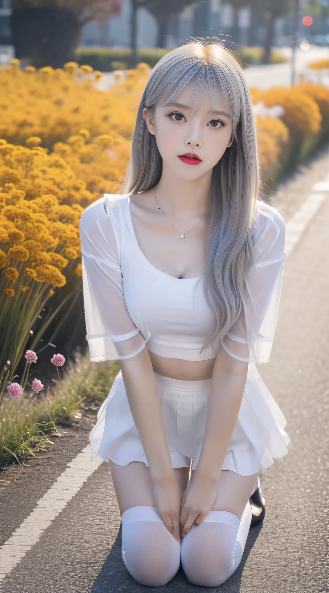 (true to life,Photorealistic 1.5),((best qualtiy, 8K, tmasterpiece:1.3)), (二重まぶた,largeeyes:1.3),(The expression is pitiful 1.5),(Full body photo 1.5)(Aggrieved expression 1.5)Clear focus 1.2, Perfect body beauty:1.4 , Delicate skin1.1,(Long silver-white hair 1.2),(Delicate facial features1.4),(Pure desire 1.3)White shirt,Skirt that wraps hips,Knee-length black stockings,Stand among the flowers on the ground,(Flowers all over the ground 1.5)