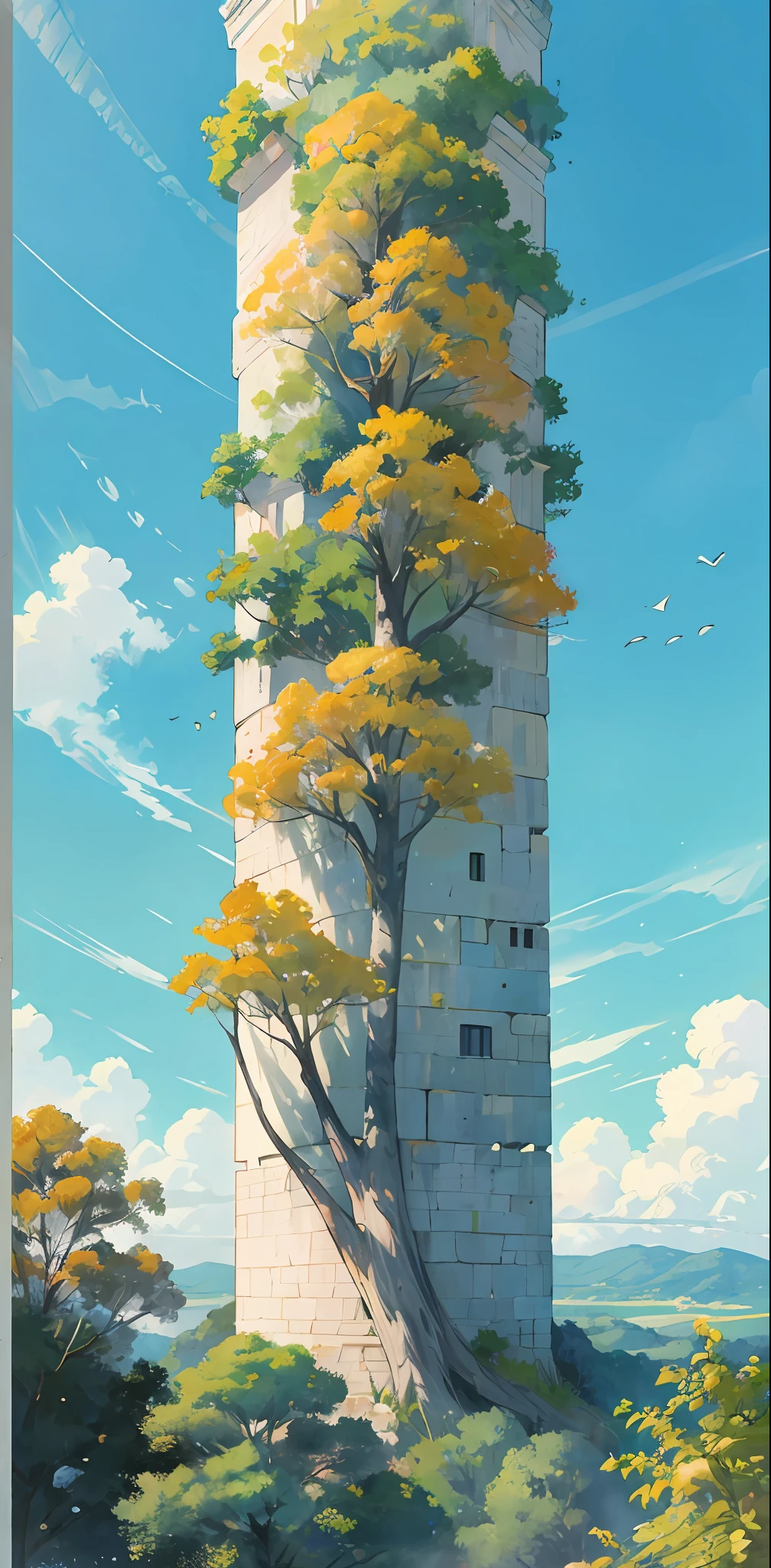 Castelo visto de longe, trees near the view, castelo gigante, castelo longe, raios solares, floresta, Natureza, divino, blue skies, bright blue sky, dia bonito, natural, castelo branco, extremamente detalhado, artistic work