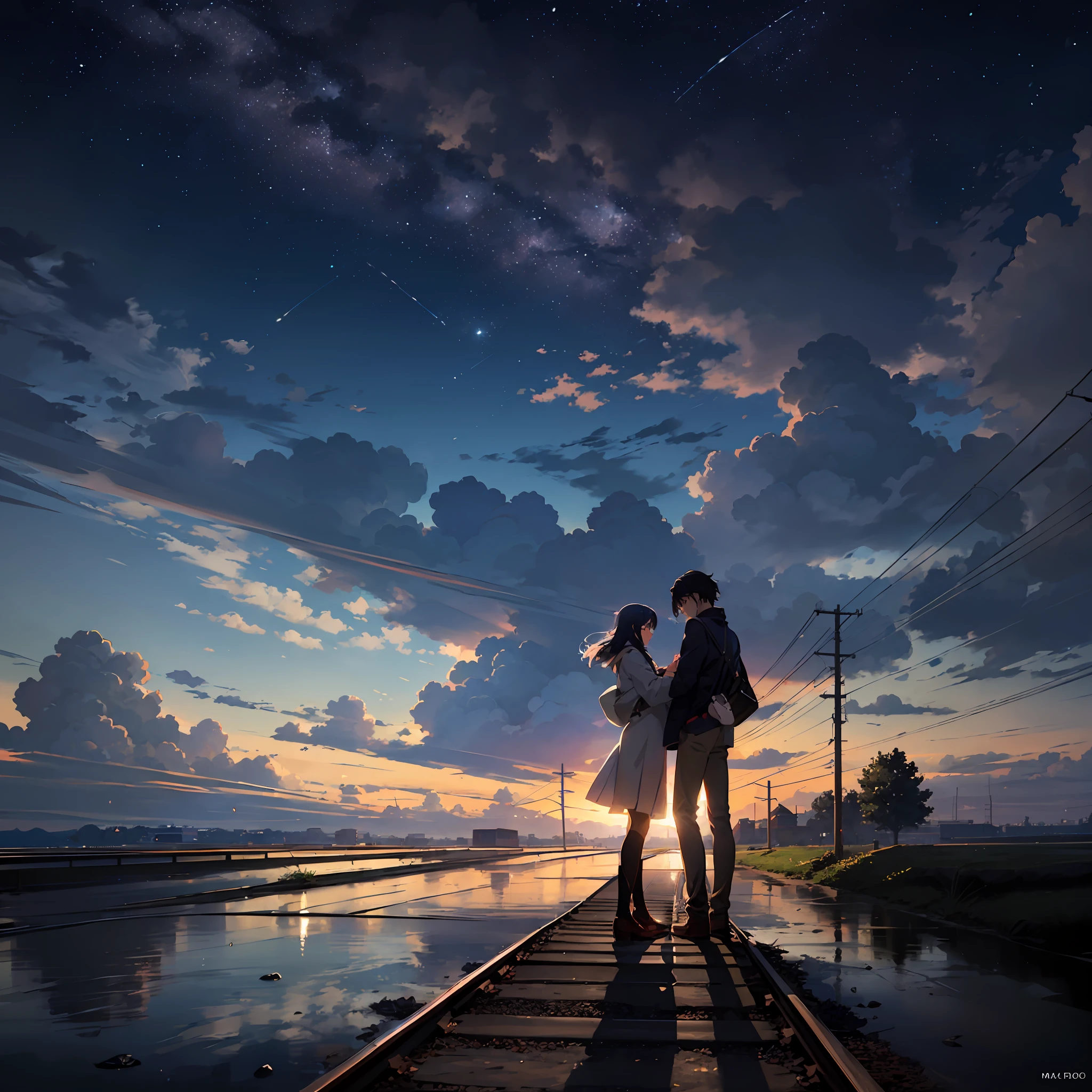 High quality masterpiece, landscape, anime train passing through bodies of water on tracks, bright starry sky. Romantic train, pixiv, concept art, lofi art style, reflection. by Makoto Shinkai, lofi art, Beautiful anime scene, Anime landscape, detailed scenery —width 672, in style of Makoto shinkai, style of Makoto shinkai, enhanced details. --auto