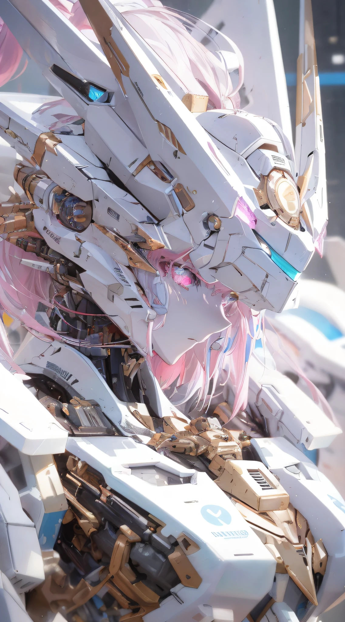 Close-up of a robot with pink hair and a white helmet, anime mecha aesthetic, Best anime 4k konachan wallpaper, Detailed digital anime art, robot mecha female dragon head, ethereal and mecha theme, mecha asthetic, anime robotic mixed with organic, Detailed anime artwork, cyberpunk anime girl mech, ferra white mecha