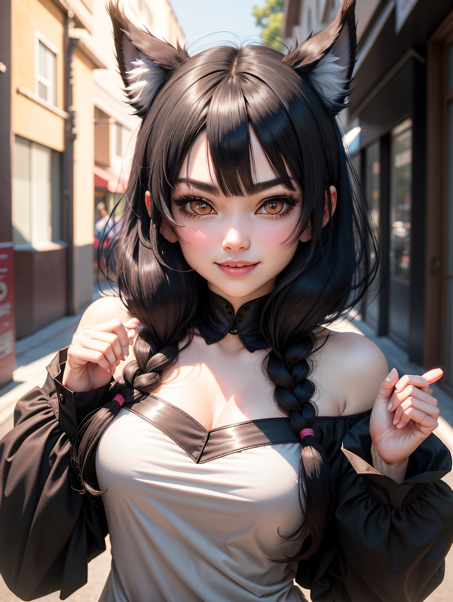 black hair, hair bobbles, wince, longeyelashes, solid circle eyes, light smile, ear blush, fang, black hair, curly hair, messy hair, parted bangs, very long hair, expressive hair, hair strand, bell, crescent hair ornament, fish hair ornament, mole under eye, aqua eyes, cat ears, cat ears, makeup, smile, grin, torogao, naughty, happy, Surrealism, drop shadow, anaglyph, stereogram, tachi-e, pov, atmospheric perspective, Realism, character chart, Romanticism, Tonalism, Realism, Contemporary art, Sony FE, 8k, UHD, highres, best quality, award winning, high quality, high details, super detail, textured skin, anatomically correct