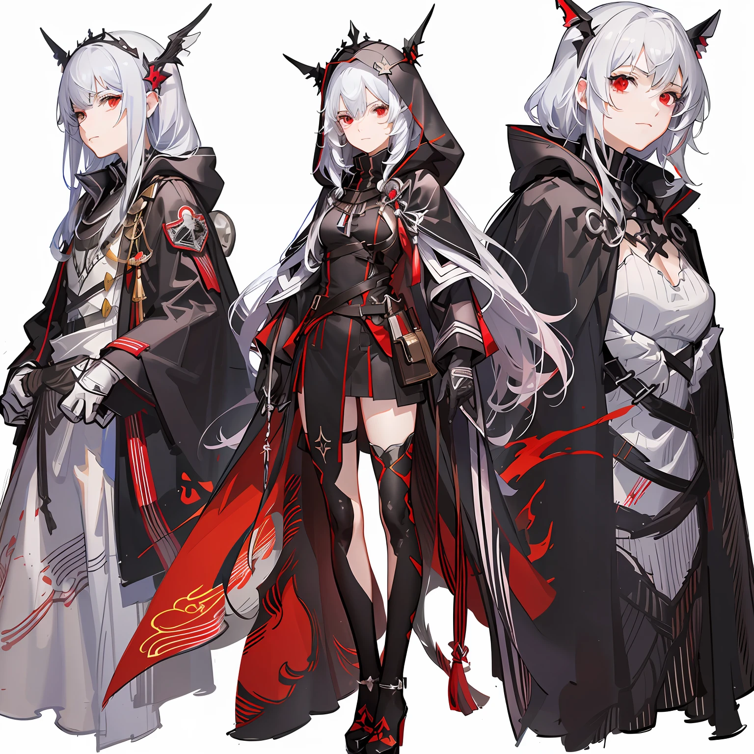 White hair,red eyes,Arknights anime character with black cape,Full body concept art depicted in detail,The costumes are well designed,Costume with blue accents,Character concept art style,anime full body illustration,Full of details,Full body character concept full of vividness,character adoptable,full body adoptable,Presents a perfect all-round depiction。 --auto