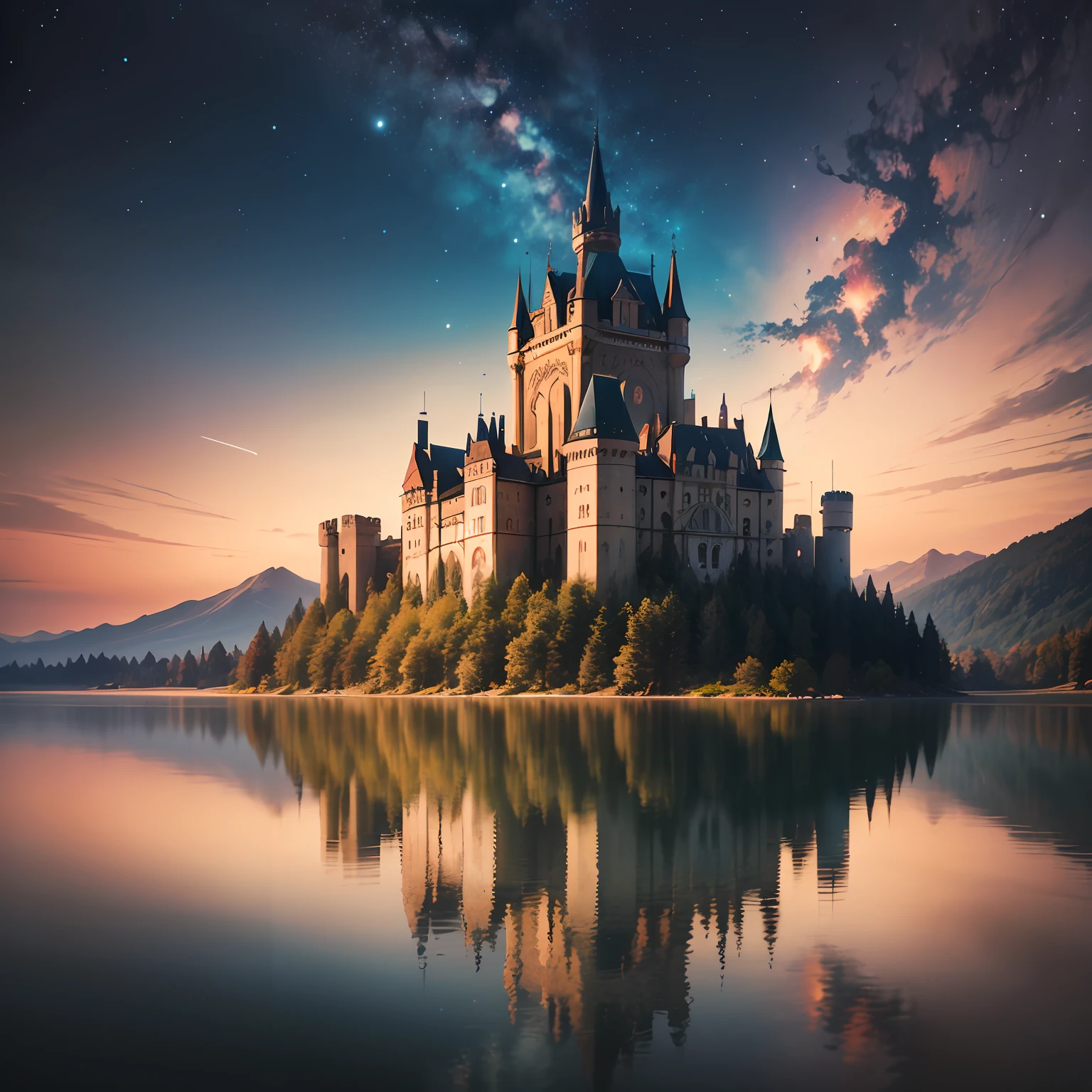 with the sky full of stars,High mountains on both sides,Calm lake in the middle,Majestic castle building in the distance,Giant planets,Reflection of the lake,Cinematic texture,Need --auto
