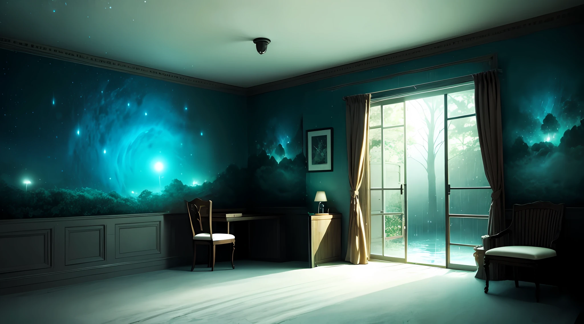 floor to ceiling window,nigth,Forest,downpours