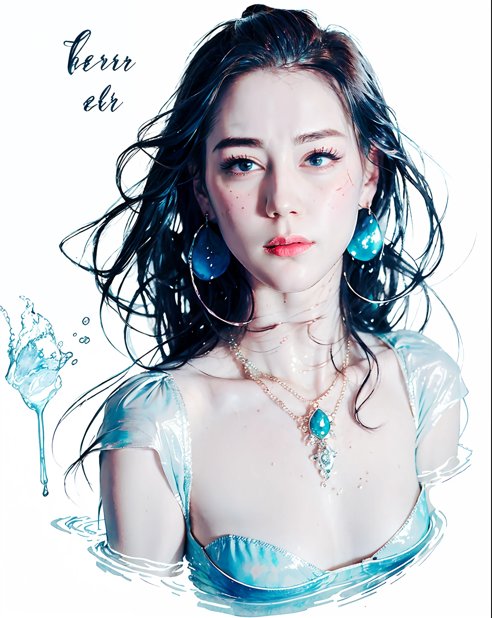 (1girll:1.2)，Reba style，(jewelry:1.2+Earrings:1.1)，(Long hair:1.2)，(Upper body:1.1)，(aquarelle:1.2)，(Splashing ink:1.1)，(Floating:1.1)