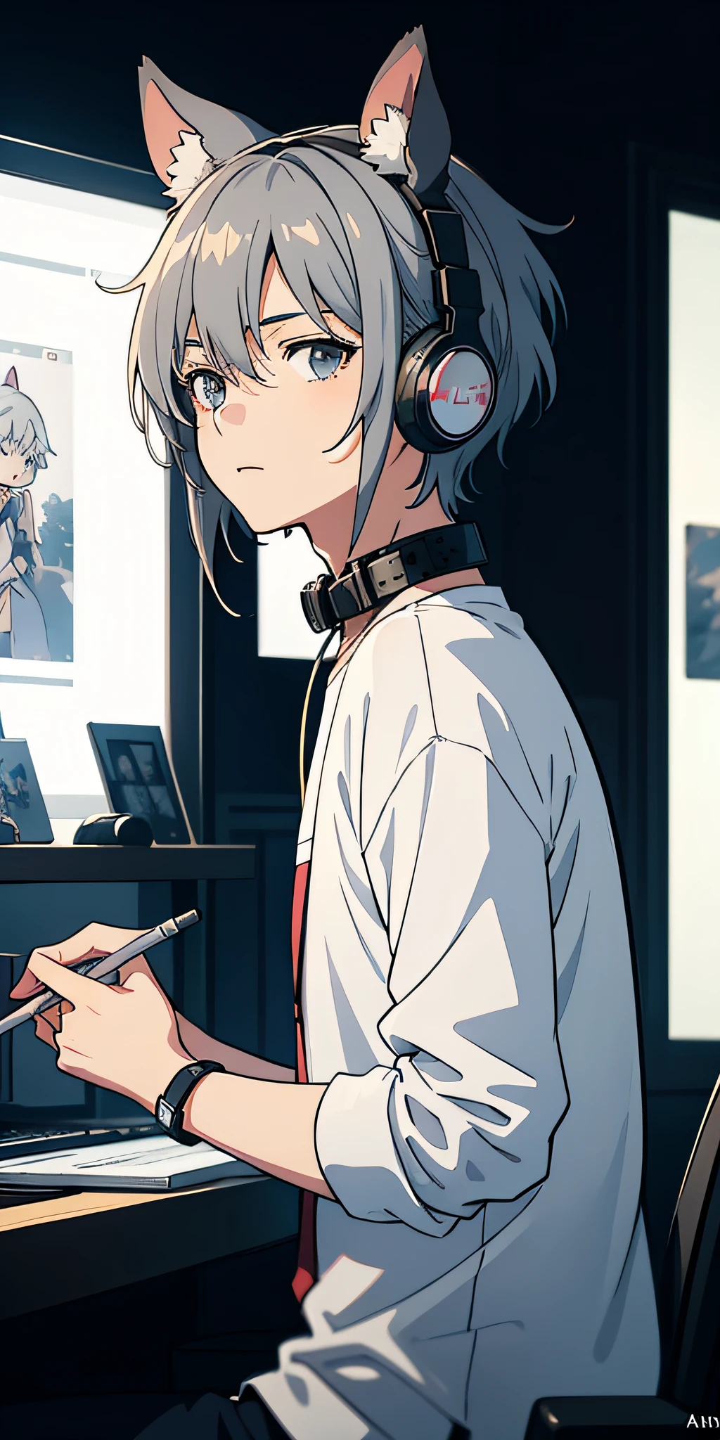 tmasterpiece， best qualtiy， NSFW， 1boy， (best qualityer:0.8), (best qualityer:0.8), Perfect anime illustration，Anime boy in white shirt, black cloaths，Landline headsets，Gray hair，Black color hair，Collar，Hair gradient，Anime boys，with headphones on, Anime moe art style, anime ears, Anime boy with hamster ears, ig studios anime style, High quality anime art style, in an anime style,