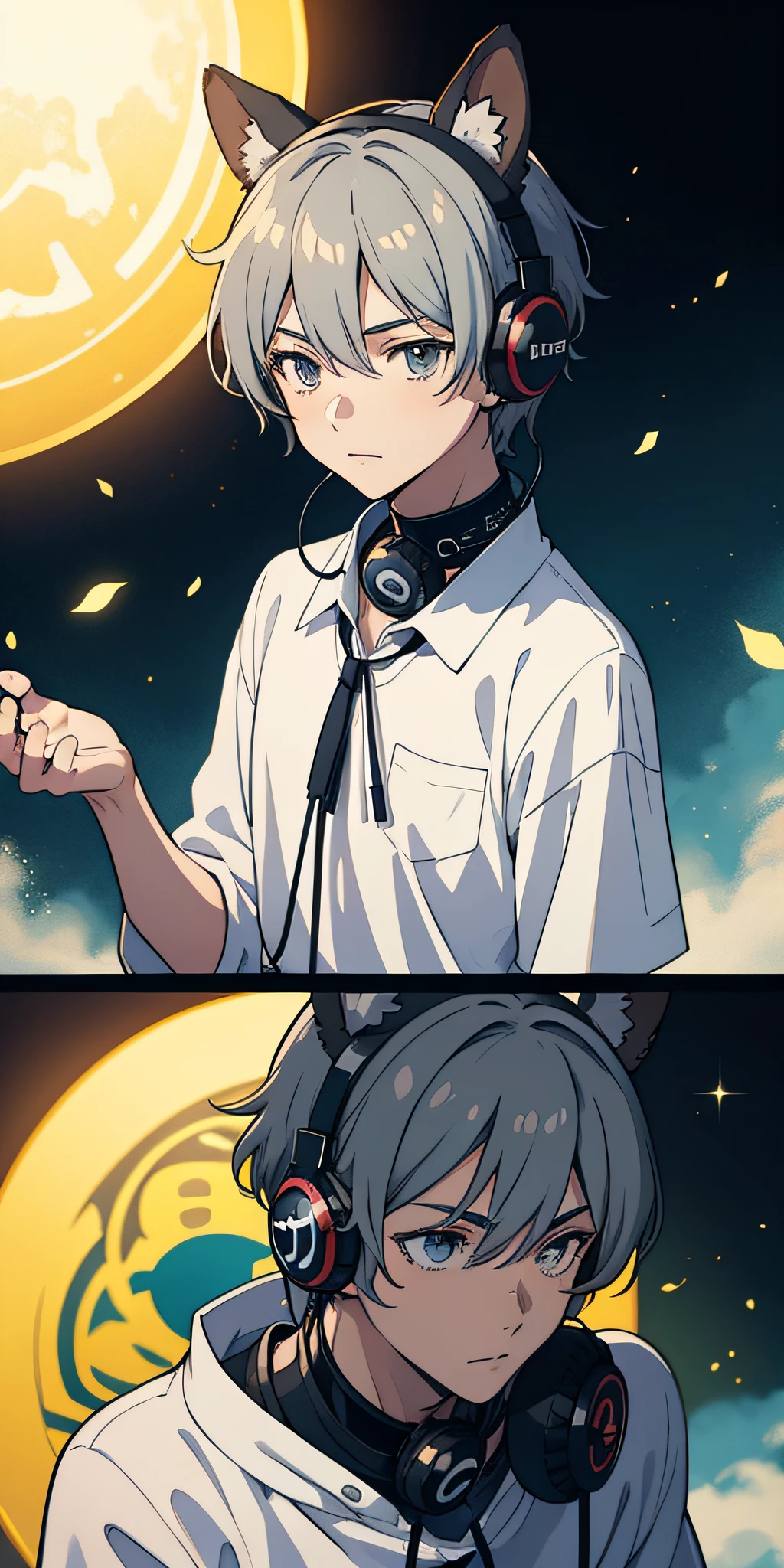 tmasterpiece, best qualtiy, NSFW, 1boy, (best qualityer:0.8), (best qualityer:0.8), Perfect anime illustration,Anime boy in white shirt, black cloaths,Headphones worn around the neck,Gray hair,Black color hair,Collar,Hair gradient,Anime boys, Anime moe art style, anime ears, Anime boy with hamster ears, ig studios anime style, High quality anime art style, in an anime style,