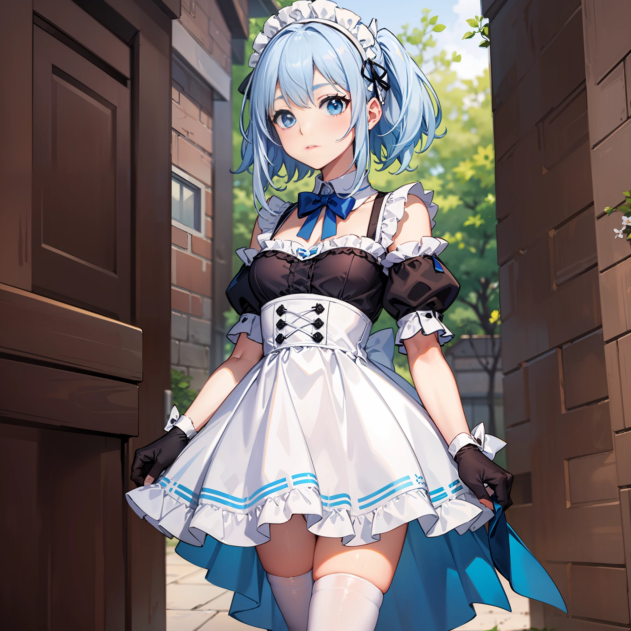 white stockings,white color hair,bit girl,smallunderboob,blue color eyes,are standing,Maid dress-up