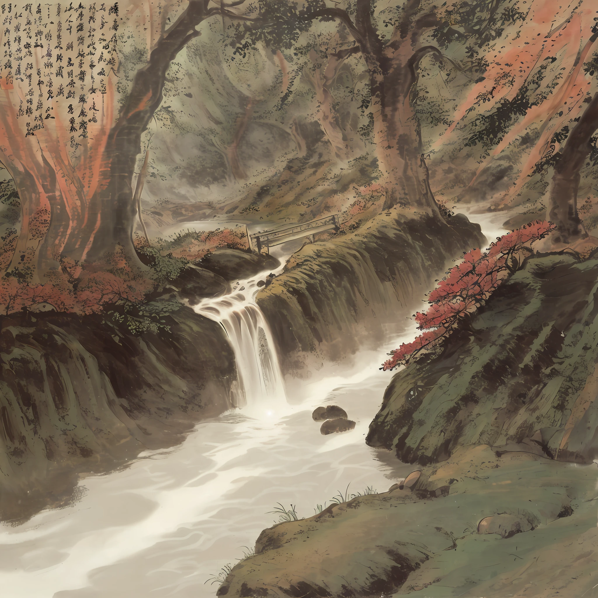 A Chinese painting,The main body is a small stream,There are many gravel in the stream,There is a stone arch bridge over the stream,On the bridge stood a poet,There is an old tree by the stream。the setting sun,desolated