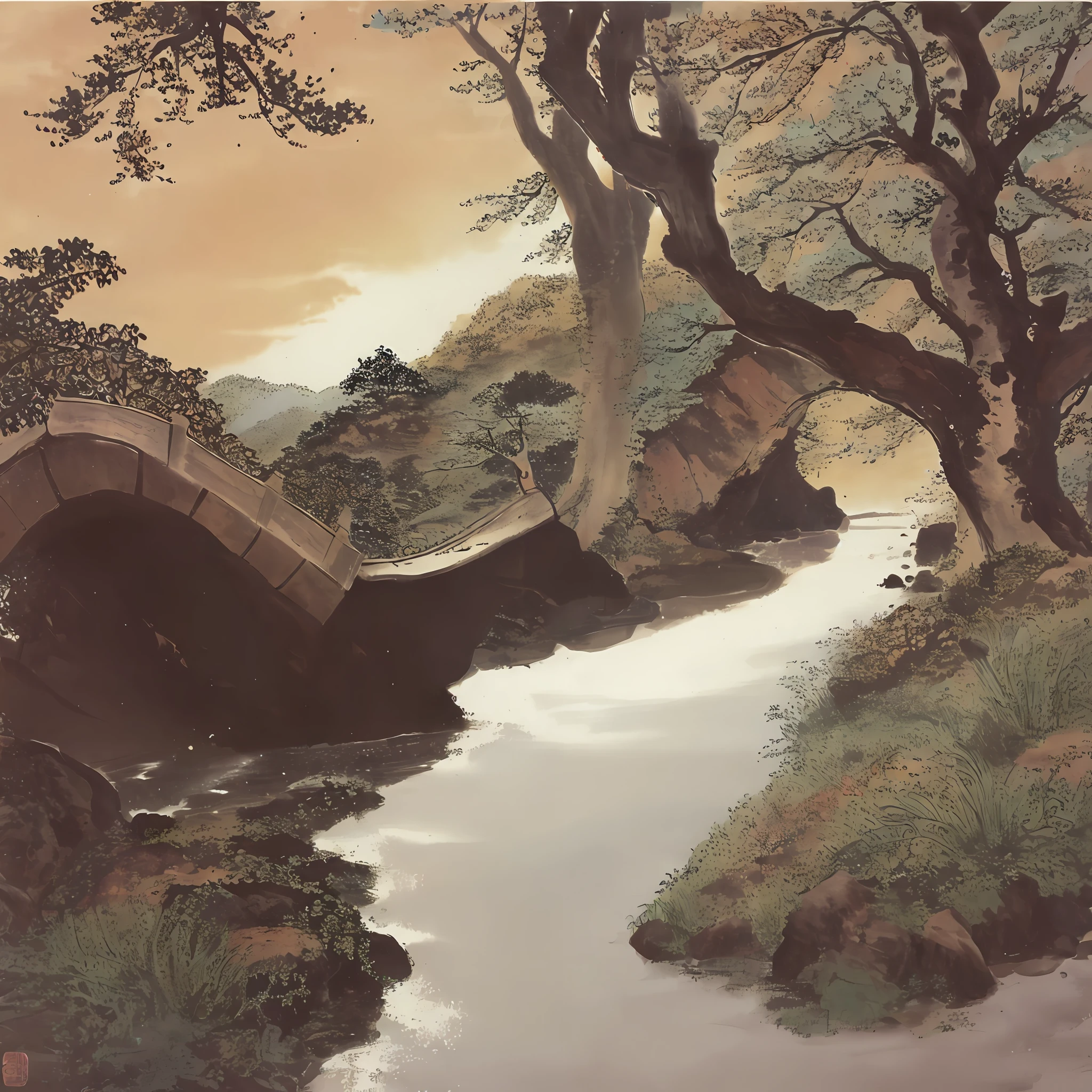 A Chinese painting，The main body is a small stream，There are many gravel in the stream，There is a stone arch bridge over the stream，On the bridge stood a poet，There is an old tree by the stream。the setting sun，desolated