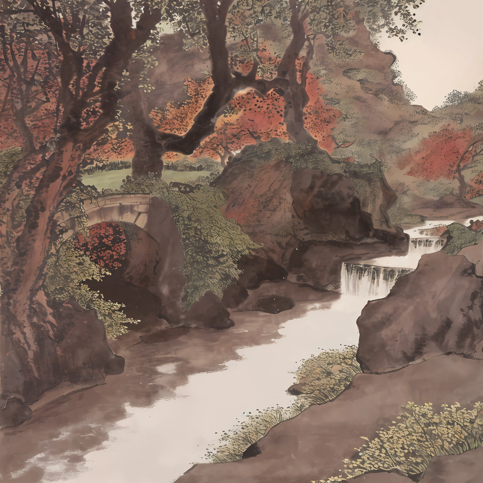 A Chinese painting，The main body is a small stream，There are many gravel in the stream，There is a stone arch bridge over the stream，On the bridge stood a poet，There is an old tree by the stream。the setting sun，desolated