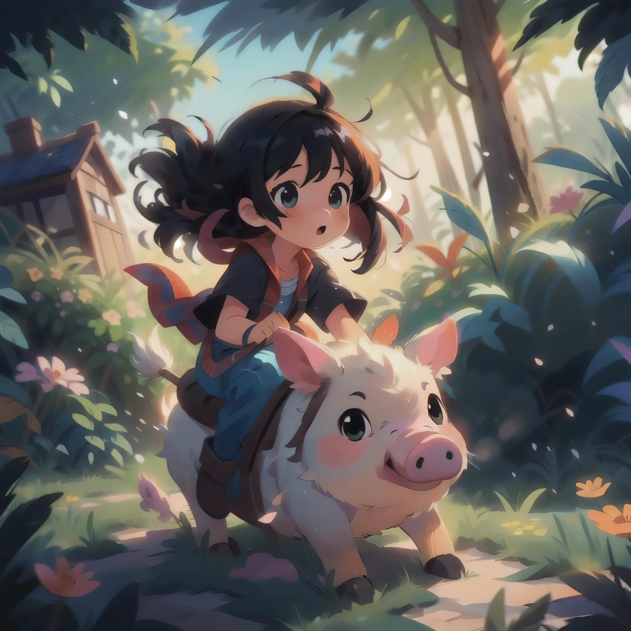 masterpiece, best quality, a girl riding on a piggy, (colorful), volumatic light, bust shot, extremely detailed CG unity 8k wallpaper,intricate, garden, fantasy, windy, sun light, (long black hair:1.3),