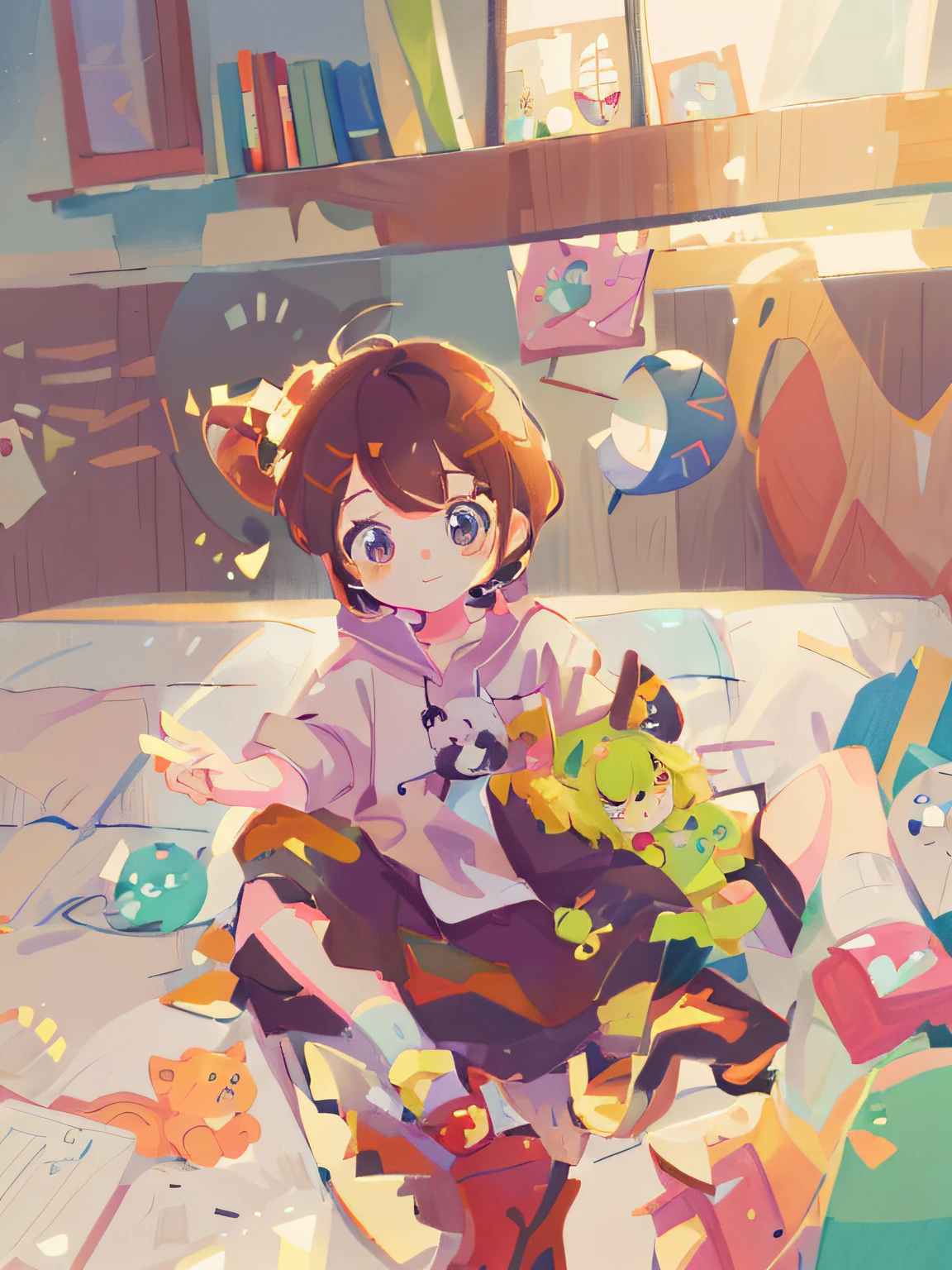 Anime girl sitting on bed and stuffed animals, Detailed fanart, lovely art style, anime moe art style, Soft anime illustration, Cute anime, Cute detailed digital art, adorable digital art, High-quality fanart, cute anime catgirl, Cute anime girl, official fanart, lofi-girl, cute artwork, lovely digital painting, style of anime4 K
