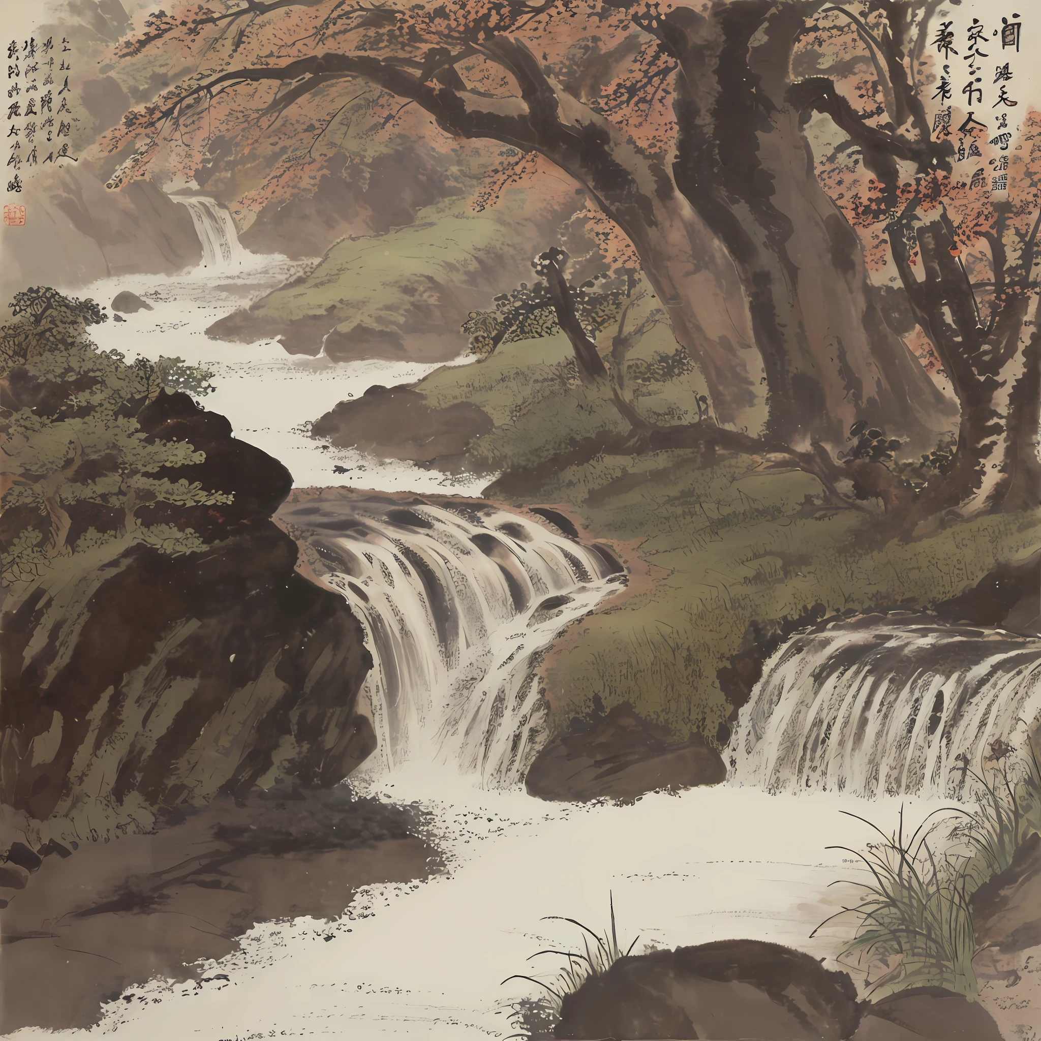 A Chinese painting,The main body is a small stream,There are many gravel in the stream,There is a stone arch bridge over the stream,On the bridge stood a poet,There is an old tree by the stream。the setting sun,desolated
