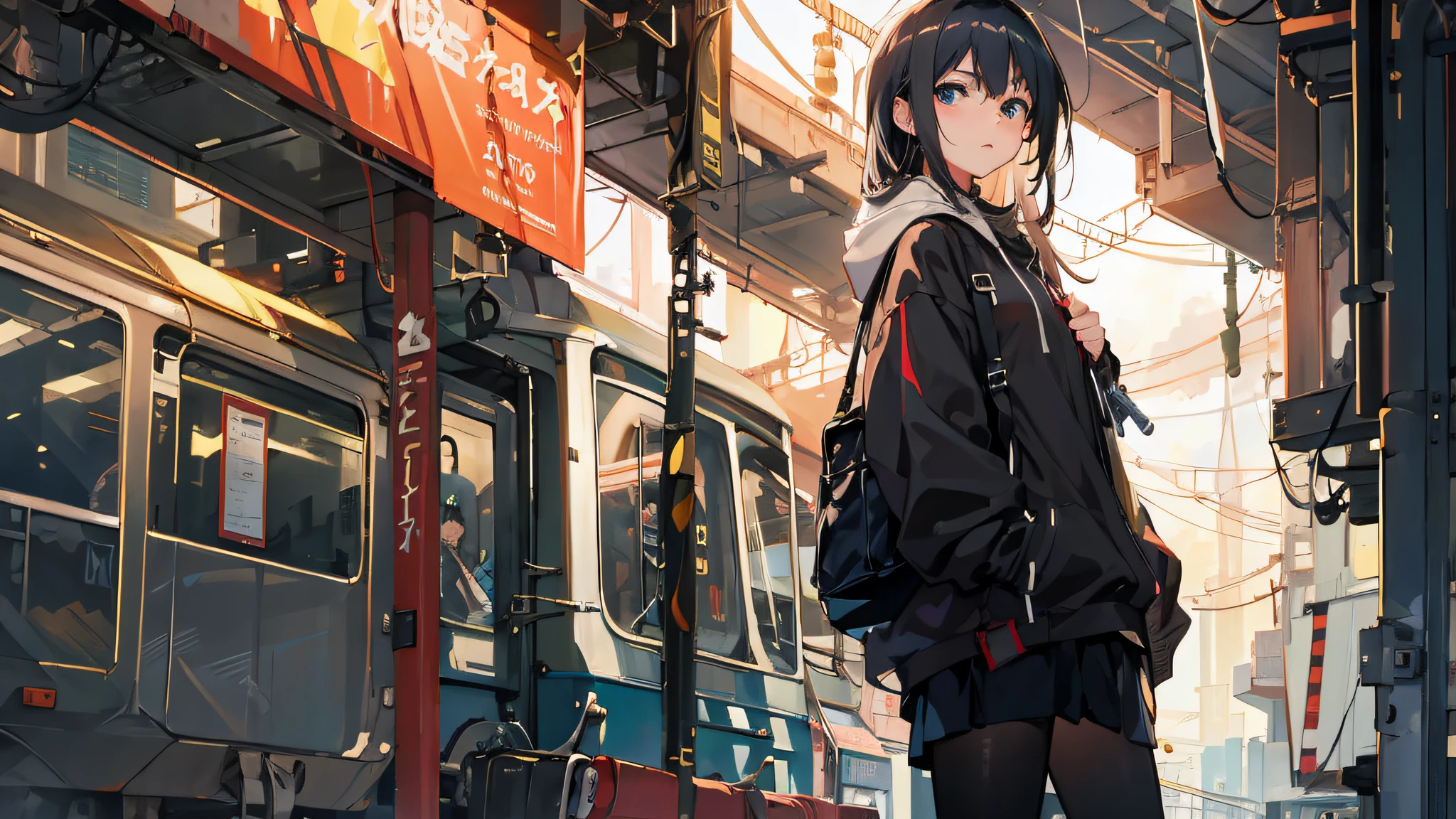 Anime girl standing in front of a train in the city, style of anime4 K, Anime art wallpaper 8 K, Anime art wallpaper 4k, Anime art wallpaper 4 K, Best anime 4k konachan wallpaper, 4K anime wallpaper, Anime wallpaper 4 k, Anime wallpaper 4K, 4k manga wallpapers, ultra hd anime wallpaper, Kantai collection style