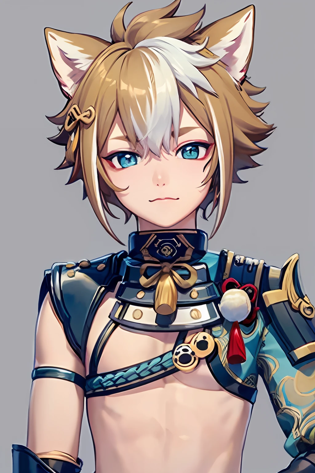 masterpiece, best quality,gorou (genshin impact),**********, 1boy, male focus, animal ears, solo, multicolored hair, brown hair, dog boy, white hair, tassel, dog ears, armor, streaked hair, bangs,  (grey background:1.4),(kbxll:0.6)