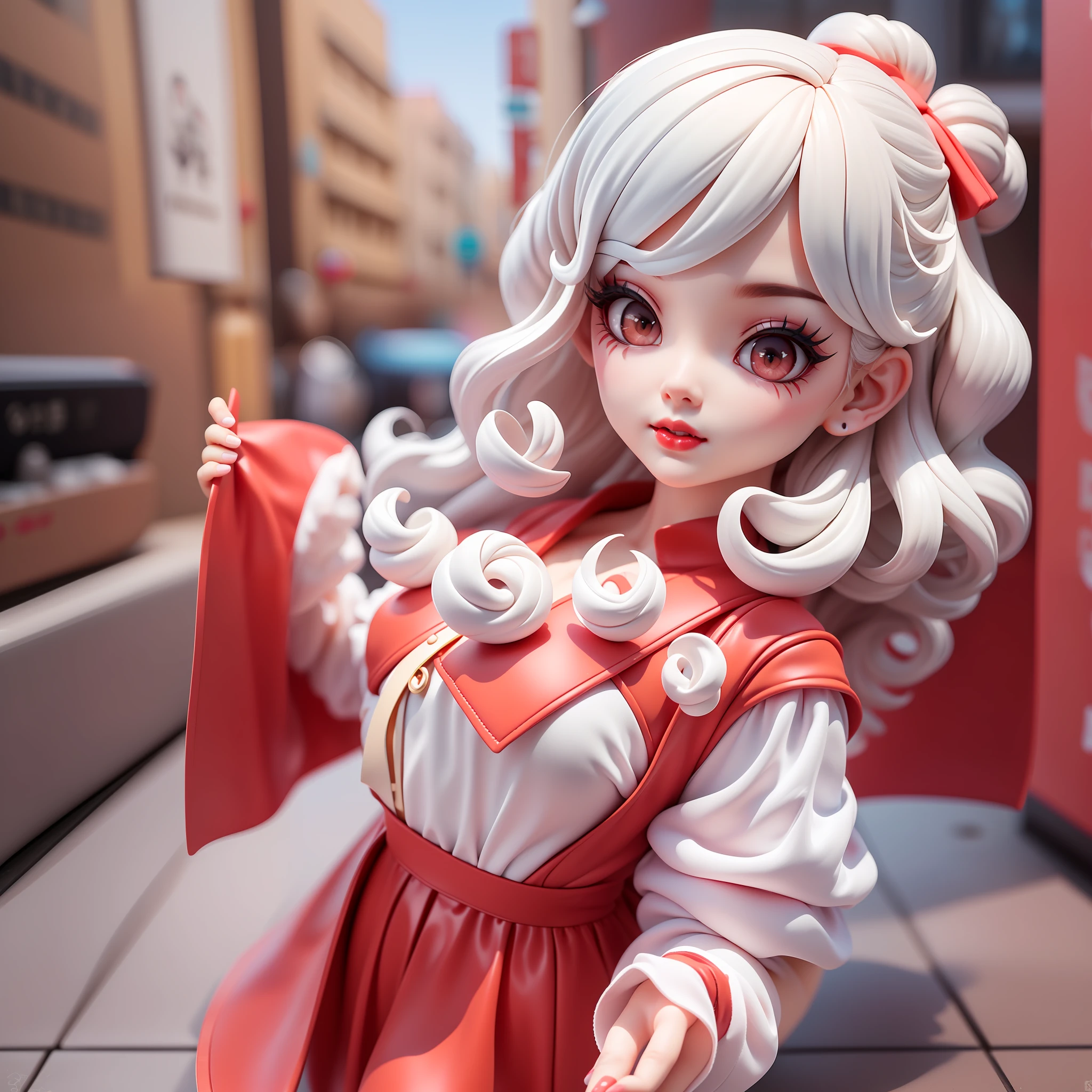 (ultra cute+Close-up of popular brand blind box),(3D full-body rendering:1.2),White skin,Red lips slightly upturned,(Cute chin:1.1),(Curl thick lashes:1.1),Red cloth shoes,(Enrich hair colors and hairstyles:1.3)attention-grabbing,Front Shooting,extremely colorful。