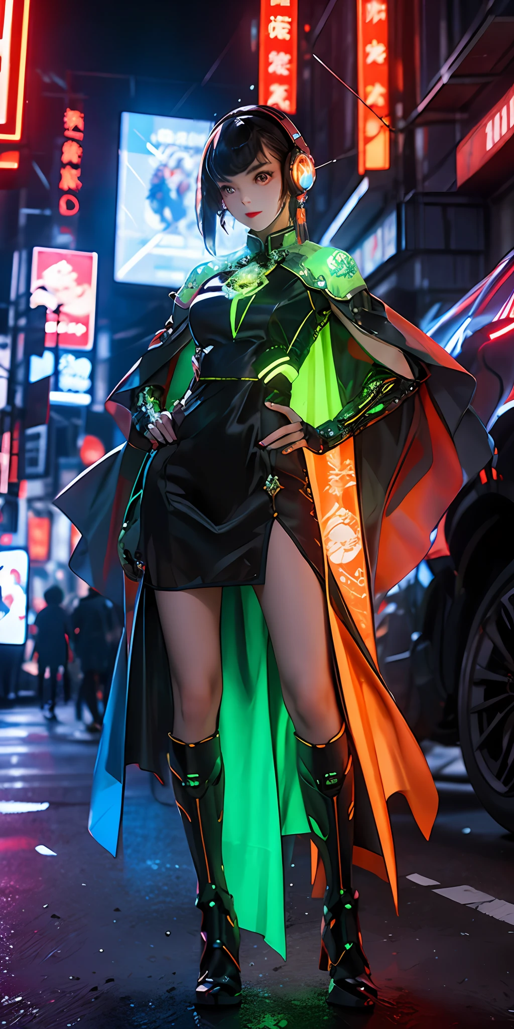 1 girl, Chinese_clothes, metallic black titanium and orange, cyberhan, cheongsam, cyberpunk city, dynamic pose, detailed luminous headphones, glowing hair accessories, long hair, luminous earrings, glowing necklace, cyberpunk, high-tech city, full of mechanical and futuristic elements, futurism, technology, glowing neon, orange, orange light, fluorescent orange, skirt, cape, coat, laser, digital background, urban sky, big moon, with vehicle, best quality, masterpiece, 8K, Character edge light, super high detail, high quality, the most beautiful woman in human beings, slight smile, face facing front left and right symmetry, ear decoration, beautiful pupils, light effects, visual data, pick and dye orange, dye hair, super detail facial texture, happy and proud, weapon system, mecha style, crowded street passers-by, full body in camera, infinite zoom, super light and shadow, various poses, long hair flowing, glowing boots