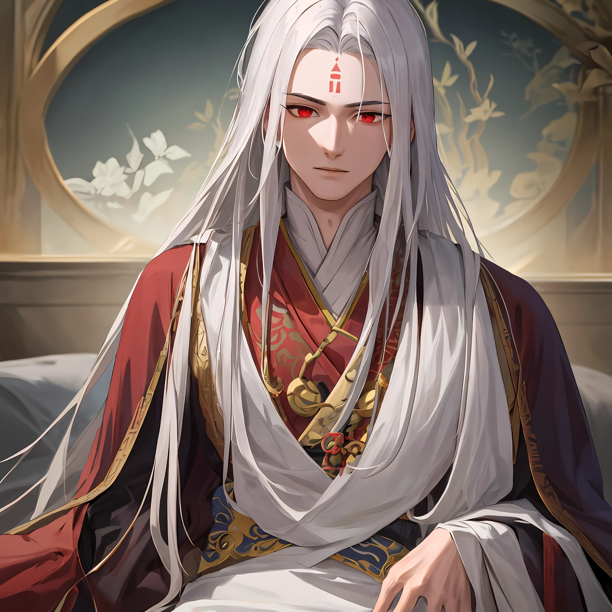 nsfw, masterpiece, best quality, ultra-detailed, semi-realistic, detailed facial features, 1boy, white hair, long hair, red eyes, wearing a detailed and intricate xianxia ancient clothes, looking at the viewer irritatedly