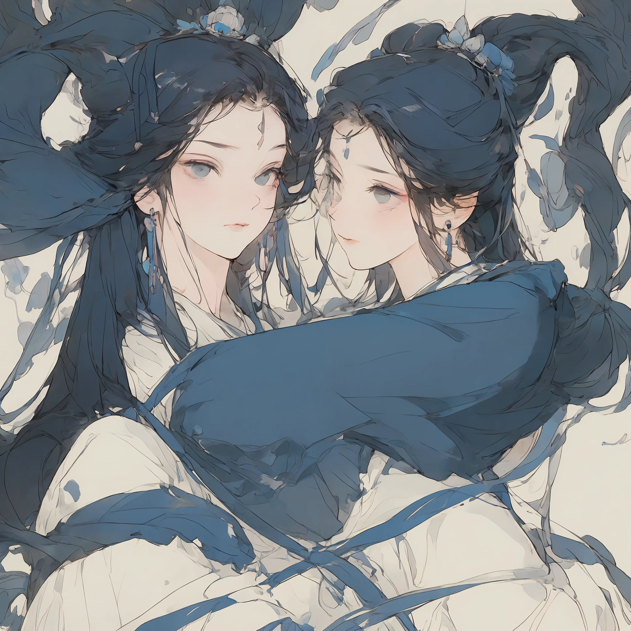 ((4k,masterpiece,best quality)), shuimobysim, Traditional chinese painting, lotuses, Hanfu, maxiskit, Dress conservatively 1girl, solo, blue long hair, ssmile, standing on your feet, Sit on a tree, The barefoot, --auto