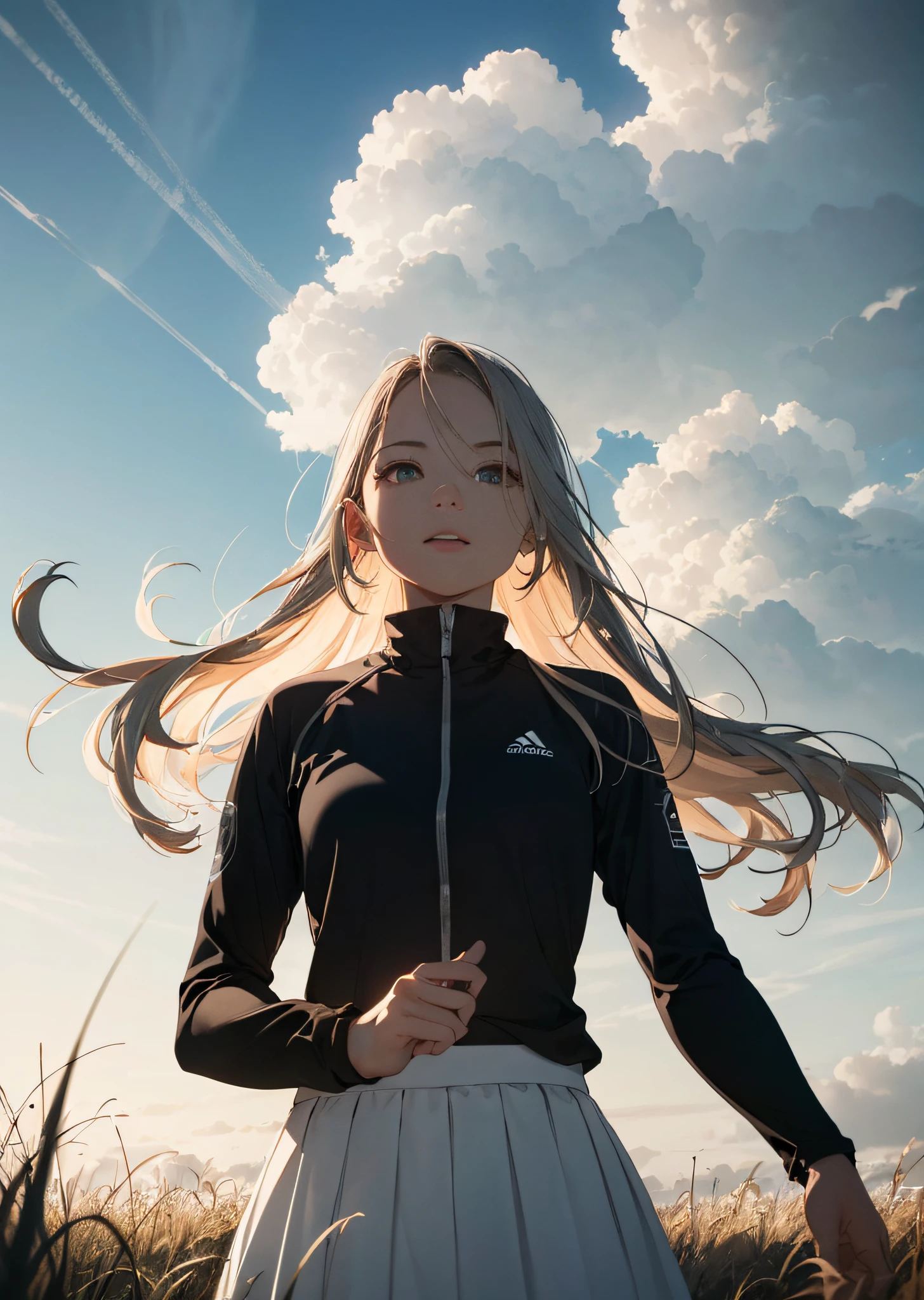 (Wide sky+Beautiful skyline+cumulonimbus clouds,Wide grasslands),(Very nervous+Dramatic picture+Dynamic visual effects),(Colorful natural light),(Long skirt long sleeve girl+long whitr hair),(Extremely detailed CG+最好质量+Best light and shadow+Best shadow+Super beautiful),(weights:Wide Prairie 3,Tension 3,Colorful 1.1,)