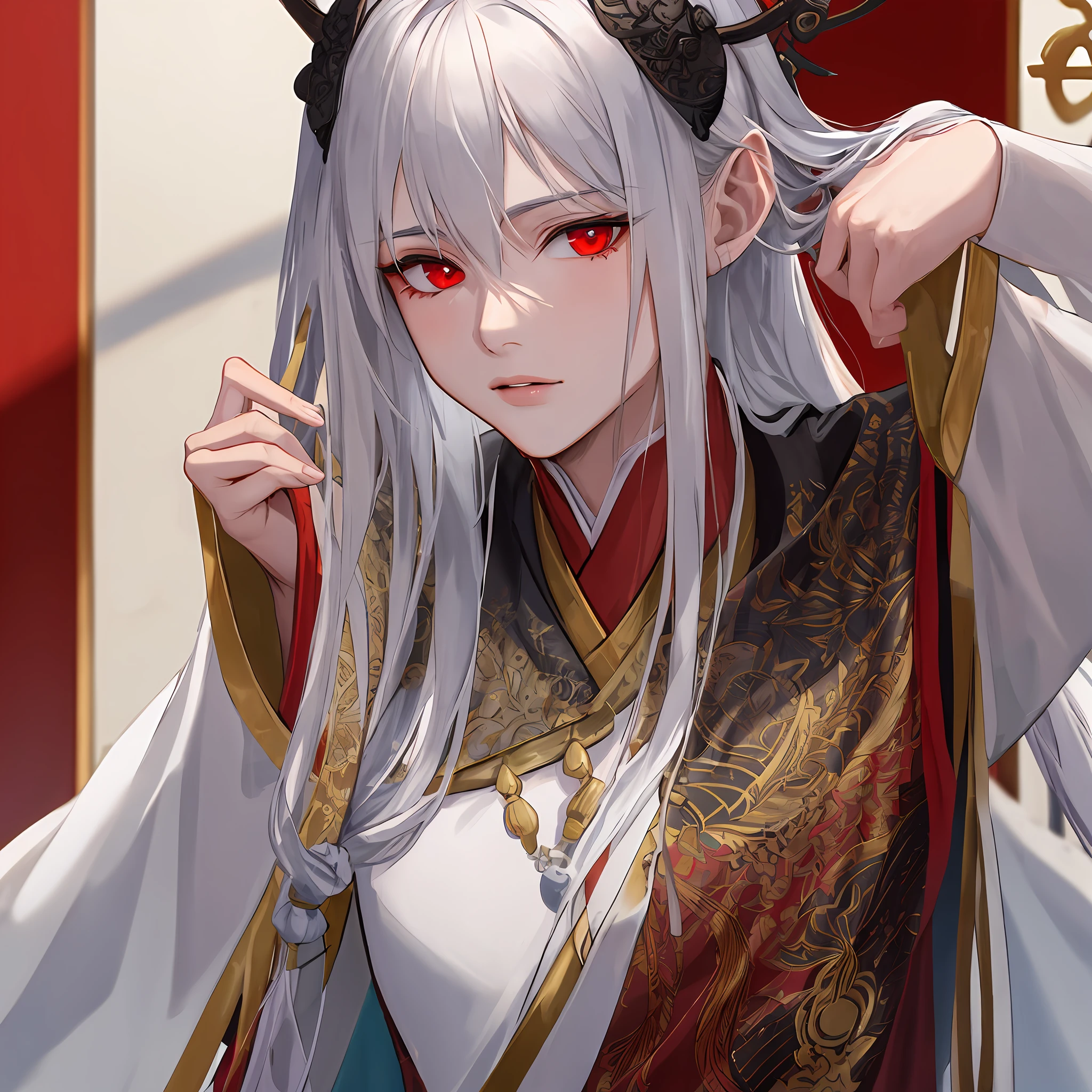 nsfw, masterpiece, best quality, ultra-detailed, semi-realistic, detailed facial features, 1boy, white hair, long hair, red eyes, wearing a detailed and intricate xianxia ancient clothes, looking at the viewer irritatedly