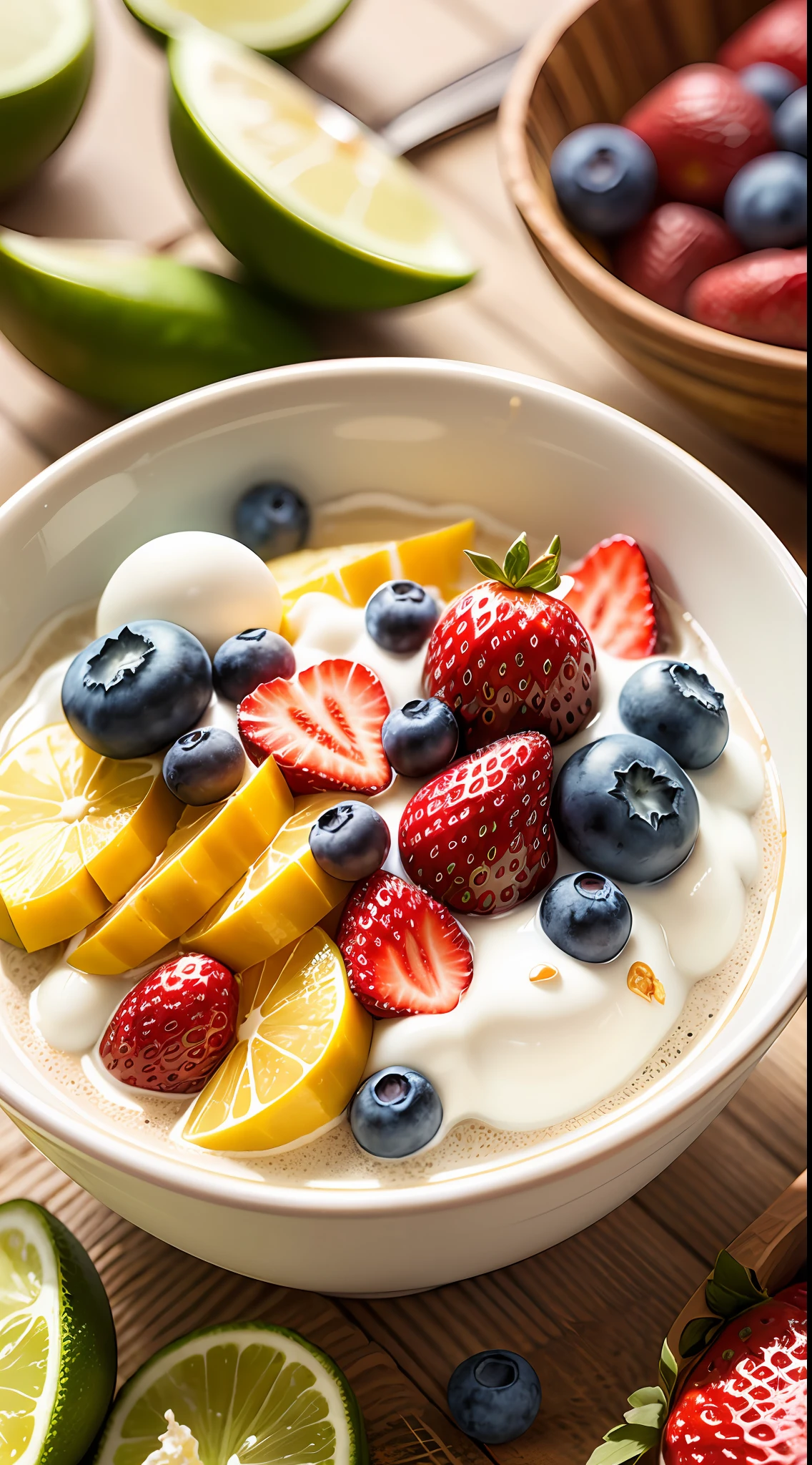 tmasterpiece, Top Quality, Experience, Chic, Boho-chic, a gold, utensil, kettle, a cup, plate, floral print, 2 tablespoons chia seeds 1 cup milk (can be cow's milk, vegetable milk or yogurt) 1 tablespoon honey or other sweetener of your choice 1 teaspoon vanilla extract (optional) Chopped fresh fruits (For example, strawberries, kiwi, mango, blueberries, etc.) for topping --auto --s2