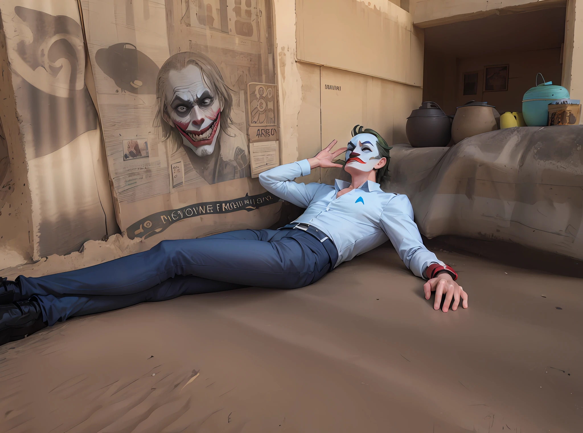 Araff lying on the ground in front of a wall with a picture of a clown, Jerma985 as the Joker, Portrait of the Joker, rendered in sfm, Joker, resting after a hard fight, Walter White as The Joker, resting after a hard mission, based on Scott Listfield, ( ( 3D рендеринг ) ), 3D мультфильм