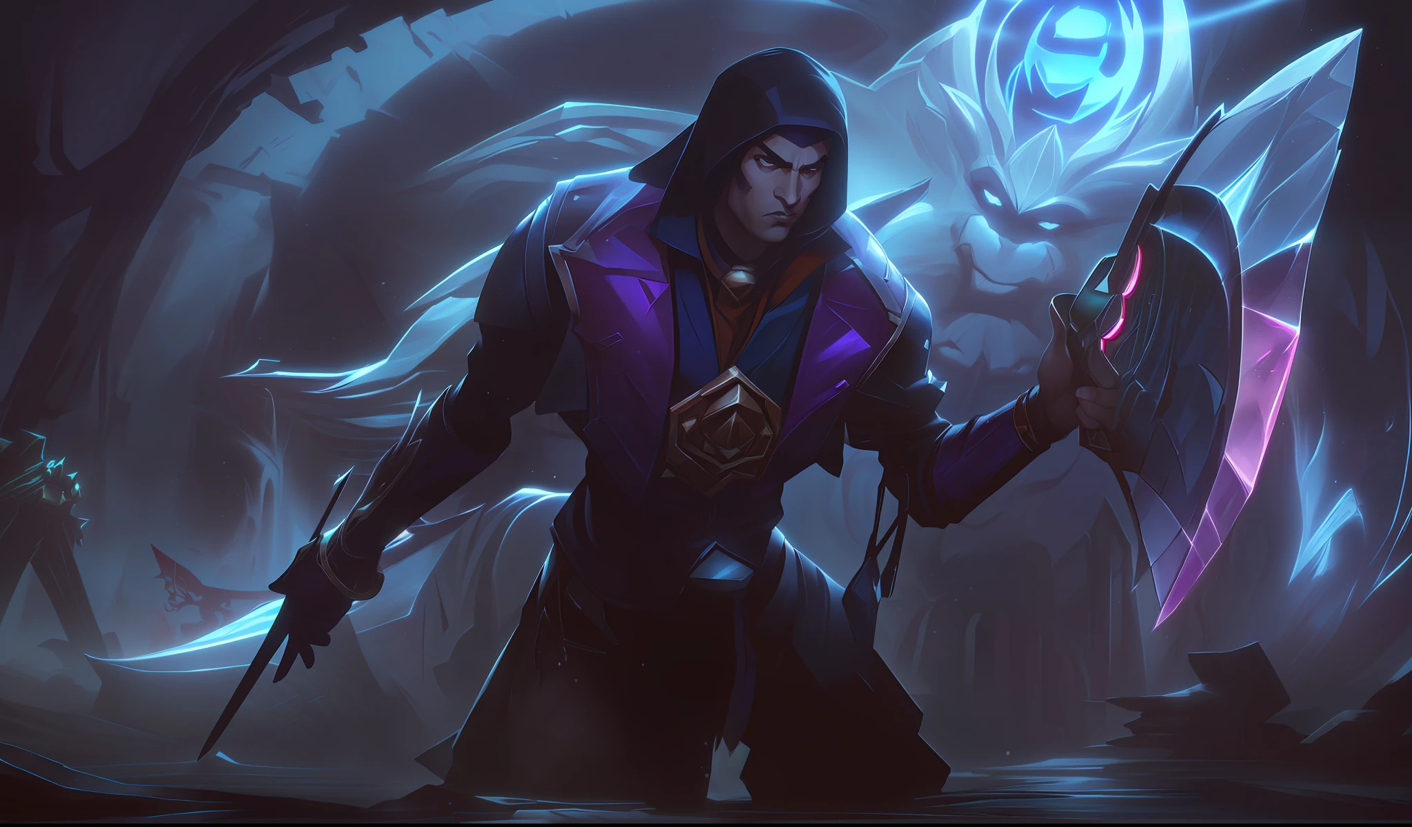 In the dark room there was a man with a sword, league of legends splashart, league of legends character art, Riot game concept art, League of Legends concept art, league of legends splashart, league of legends arcane, league of legends art, leblanc, iconic character splash art, arcane league of legends, Range Murata and Artgerm