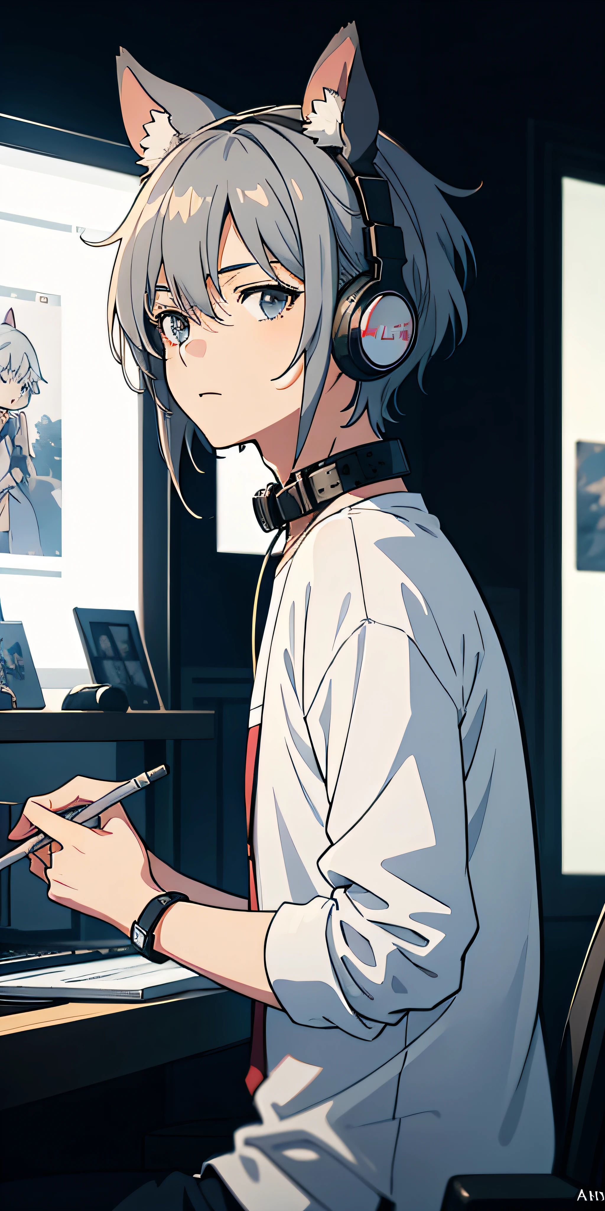tmasterpiece， best qualtiy， NSFW， 1boy， (best qualityer:0.8), (best qualityer:0.8), Perfect anime illustration，Anime boy in white shirt, black cloaths，Landline headsets，Gray hair，Black color hair，Collar，Hair gradient，Anime boys，with headphones on, Anime moe art style, anime ears, Anime boy with hamster ears, ig studios anime style, High quality anime art style, in an anime style,