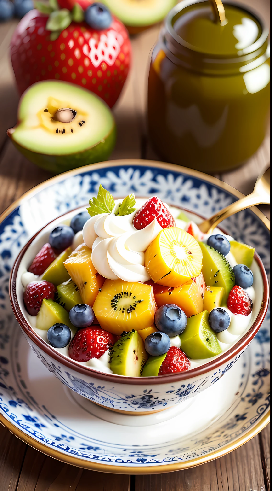 tmasterpiece, Top Quality, Experience, Chic, Boho-chic, a gold, utensil, kettle, a cup, plate, floral print, 2 tablespoons chia seeds 1 cup milk (can be cow's milk, vegetable milk or yogurt) 1 tablespoon honey or other sweetener of your choice 1 teaspoon vanilla extract (optional) Chopped fresh fruits (For example, strawberries, kiwi, mango, blueberries, etc.) for topping --auto --s2