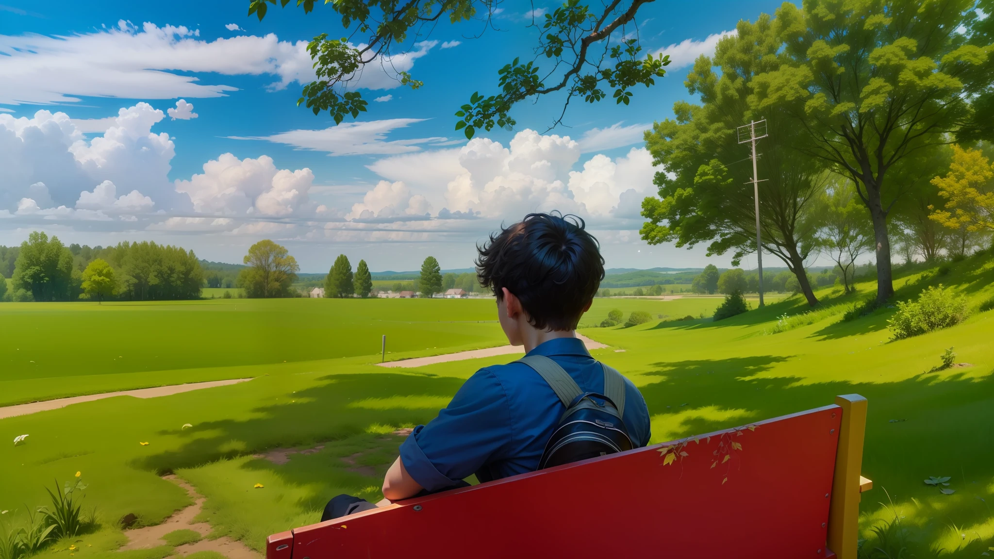 a boy sitting ,soft impressionist perfect combination,4k resolution,landscape cinematic,hdr,dslr,uhd,8k,masterpiece,very detailed cg,best quality,nature ,blue sky,delicate leaves,colors falling ,super detailed,aesthetic,highress raw photo,trees,foreground interest,depth of field,cinematic lighting,sharp,beautiful landscape cinematic scene