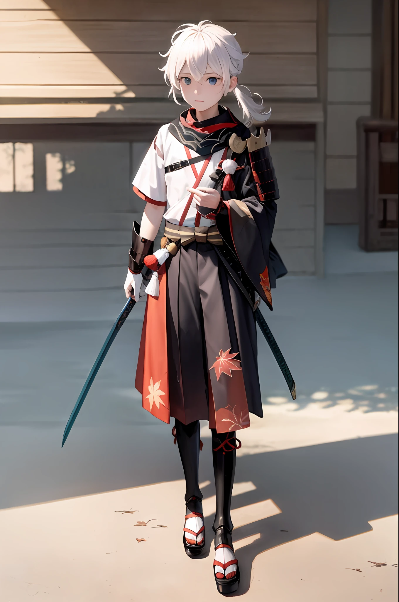 Masterpiece graphics，best qualityer，Maple plains and leaves as background，Single male focus，1 boy solo，Red eyes and blue eyes，Funky bangs，multicolored hair，Traditional Japanese clothing，Striped hair，red tinted hair，The charm in his eyes，Weapon in hand，Longswords and armor，Graceful and sharp Japanese armor，Gray hair contrast，Stop talking，pony tails，Outdoor Scene，The tassels flutter，Look up at the maple tree（Gray background factor 1.4），Embed kbxll，Create images with the utmost detail。