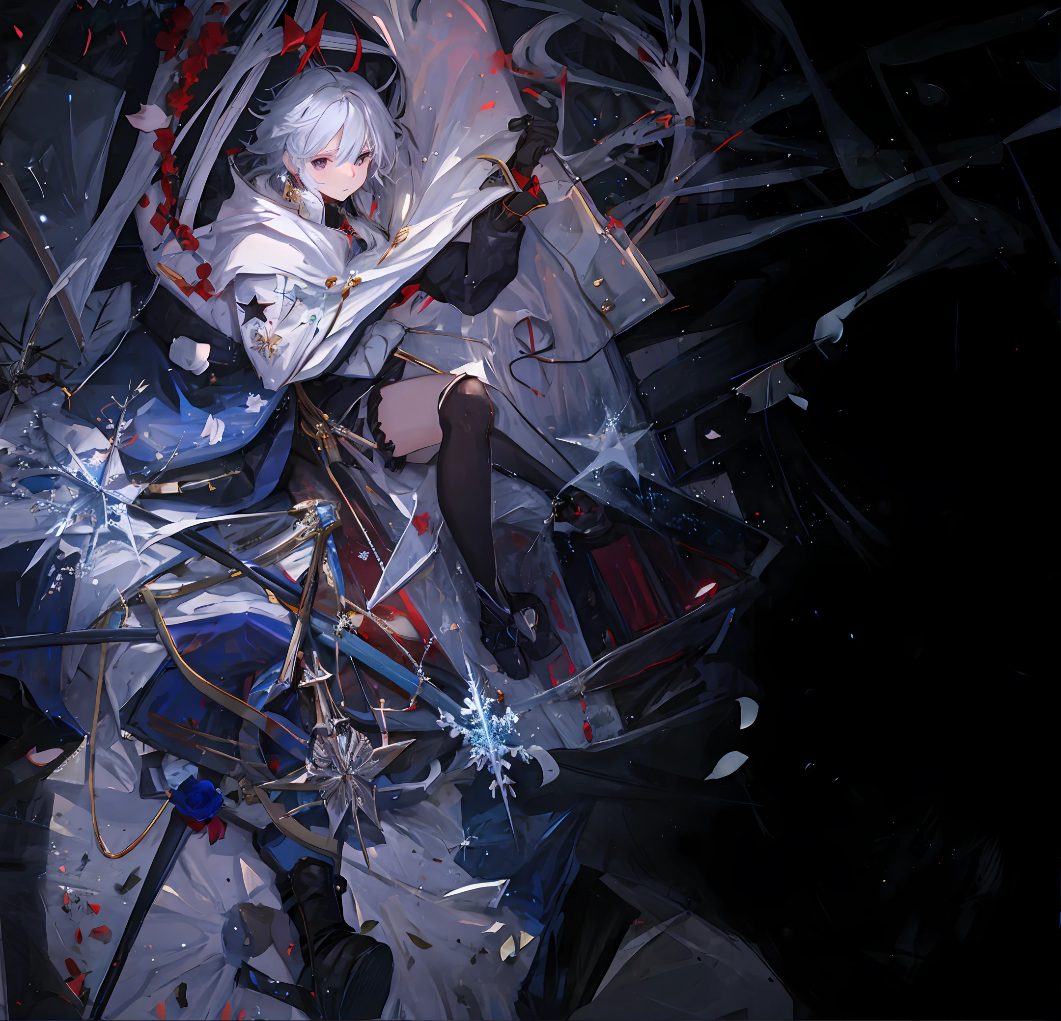 Costume girl,Black eyes and white hair,holding wands,There are sparkling stars all around,nigth,
