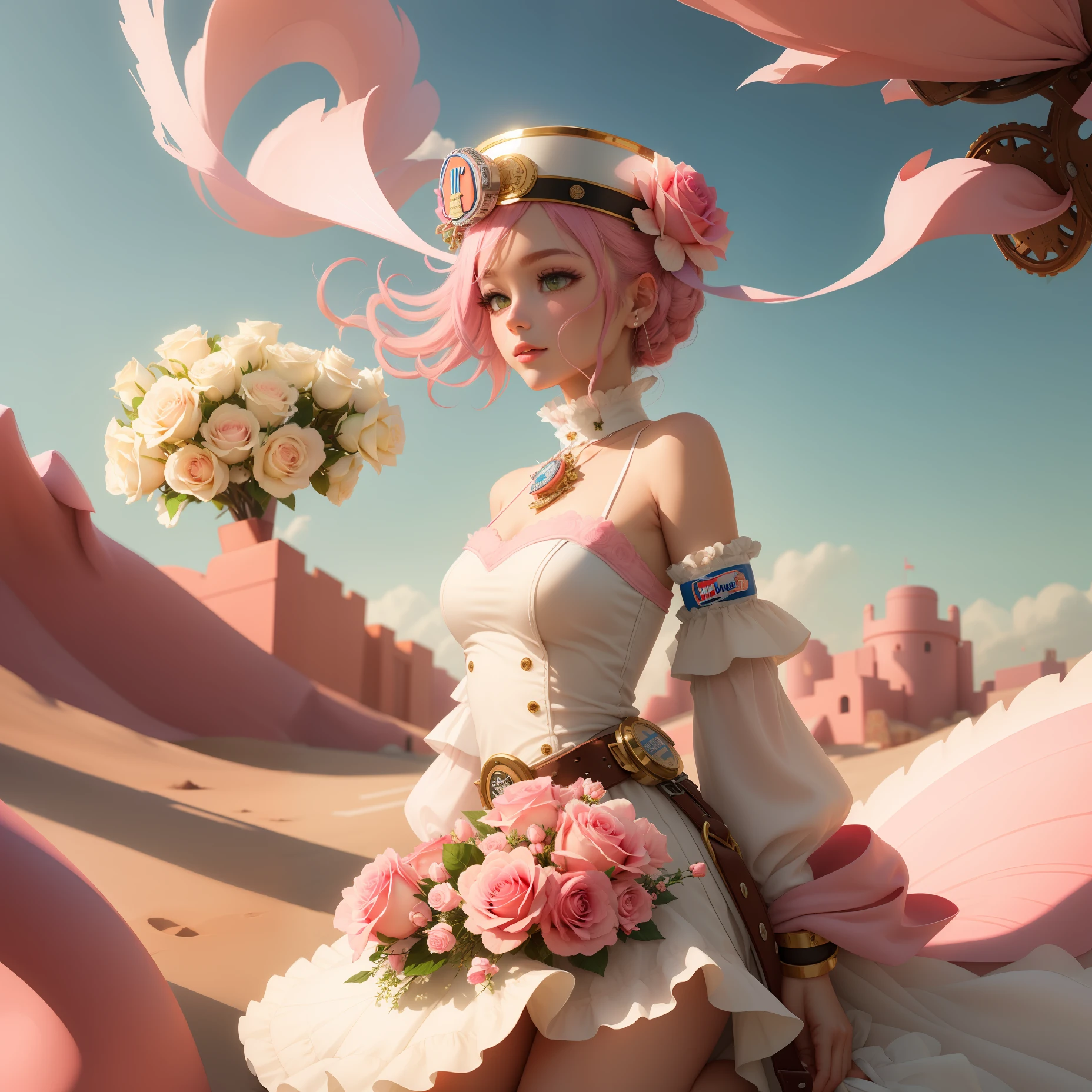 Pink clouds，White Castle，Rose flower，a paradise，Holy halo