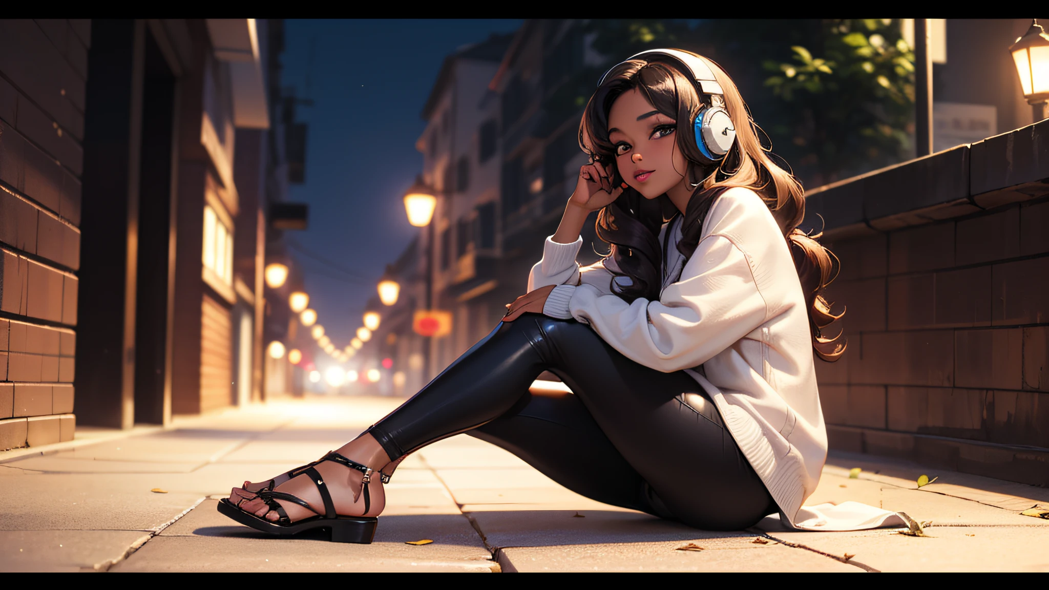 masterpiece, best quality: 1.5), ultra-detailed, soft light, night light, cinematic light, film grain, (depth of field), (1girl, ground, background: 1.5), (((full body)) ), (Happy: 1.1),((dark skin tone:1.0)), (black skin), ((brazilian girl)), (student), silhouette, perfect female shape, (perfect face, detailed face, glossy lips , eyeliner), (((long curly hair))), (Wine leggings, sandals), ( mixtape: 1.4 ), (wine headphones), (sitting on the floor)