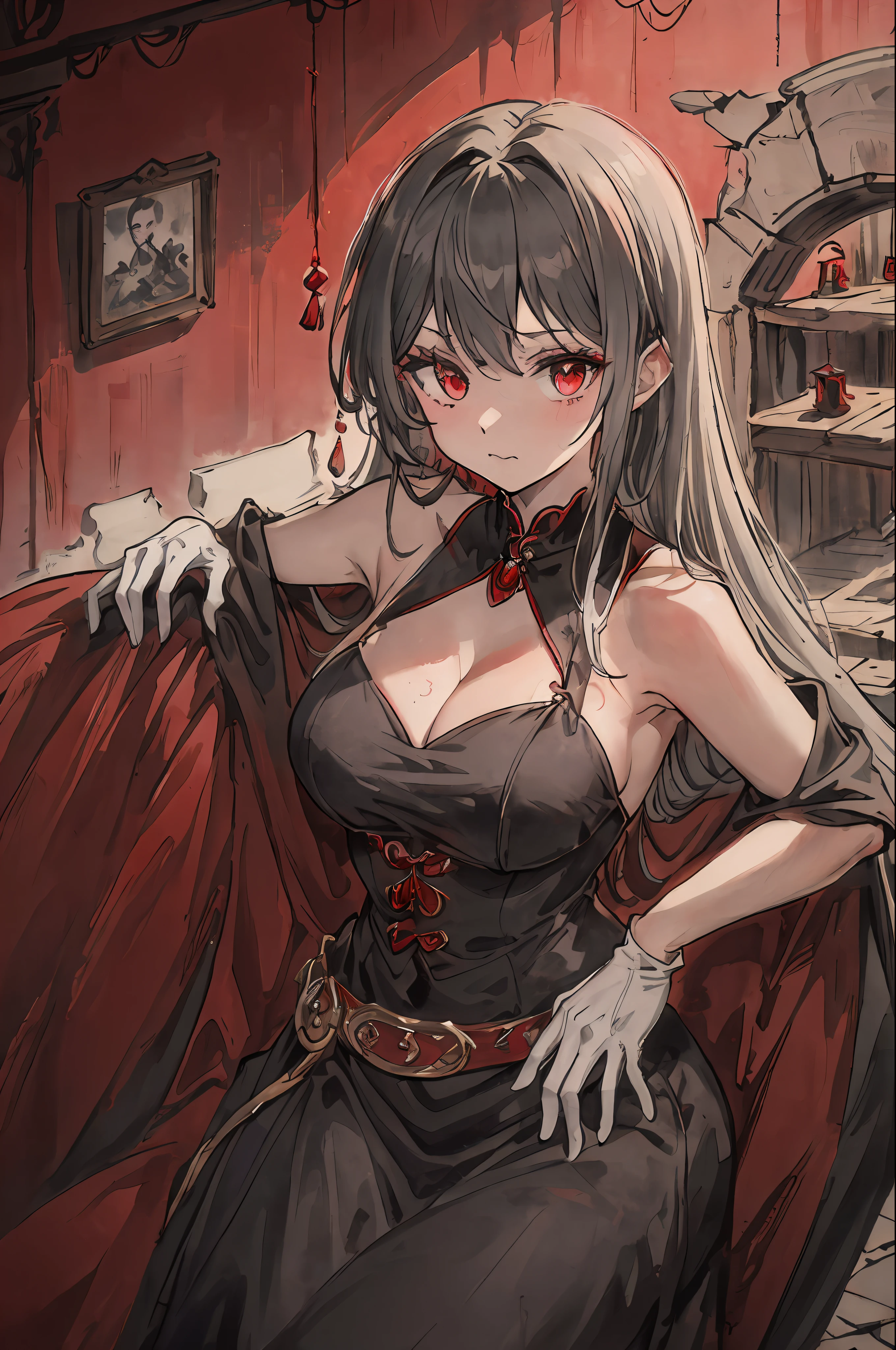 ((masterpiece))、((beste-Qualit))、((Official art))、8K、very detailed illustration、One girl、Gray hair、Long straight hair、Detailed eye、(Interior of the old castle 1.2)、dimly lit by、(Gorgeous red and black gothic dress 1.2)、((Dracula's daughter))、((deadpan))、Fair skin、pure、Meek、bare shoulders、Detailed photo book poses、white glove、FULL BODYSHOT