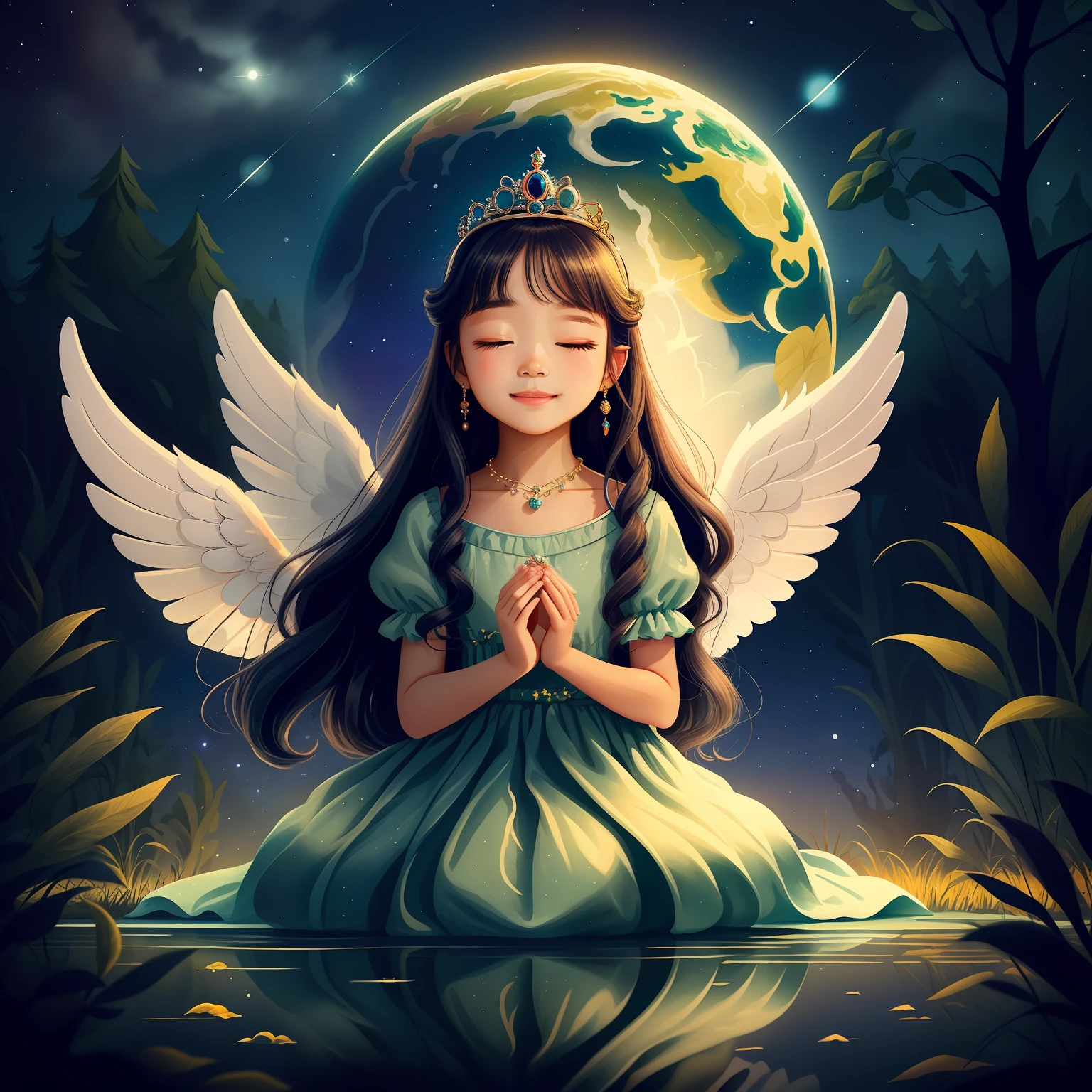 A beautiful picture unfolds in front of you。Under the quiet and peaceful starry sky,A petite and elegant little princess fell asleep leisurely。Her long hair fell like a waterfall,Twinkle with a little light,Like the wings of an angel。She wore a gorgeous dress,The decoration of tassels and jewelry makes her even more glamorous。
The little princess's hands gently wrapped around the earth,Like a guardian,Her face was filled with tenderness and kindness。The earth was also quiet and peaceful in her arms,It symbolizes her deep love and care for the whole world。
The stars and shooting stars in the starry sky shine brilliantly,Reflect the figure of the little princess。There was a hint of a smile between her eyebrows,It seems to be fascinated by the mystery and beauty of the universe。Gentle moonlight gently sprinkled on her,Like a soft piece of silk,Cast a mysterious halo over her slumber。
The picture exudes an atmosphere of harmony and calm,As if to tell us in this beautiful universe,Everyone should be like this little princess,To love and protect our planet,To show unique and selfless beauty。