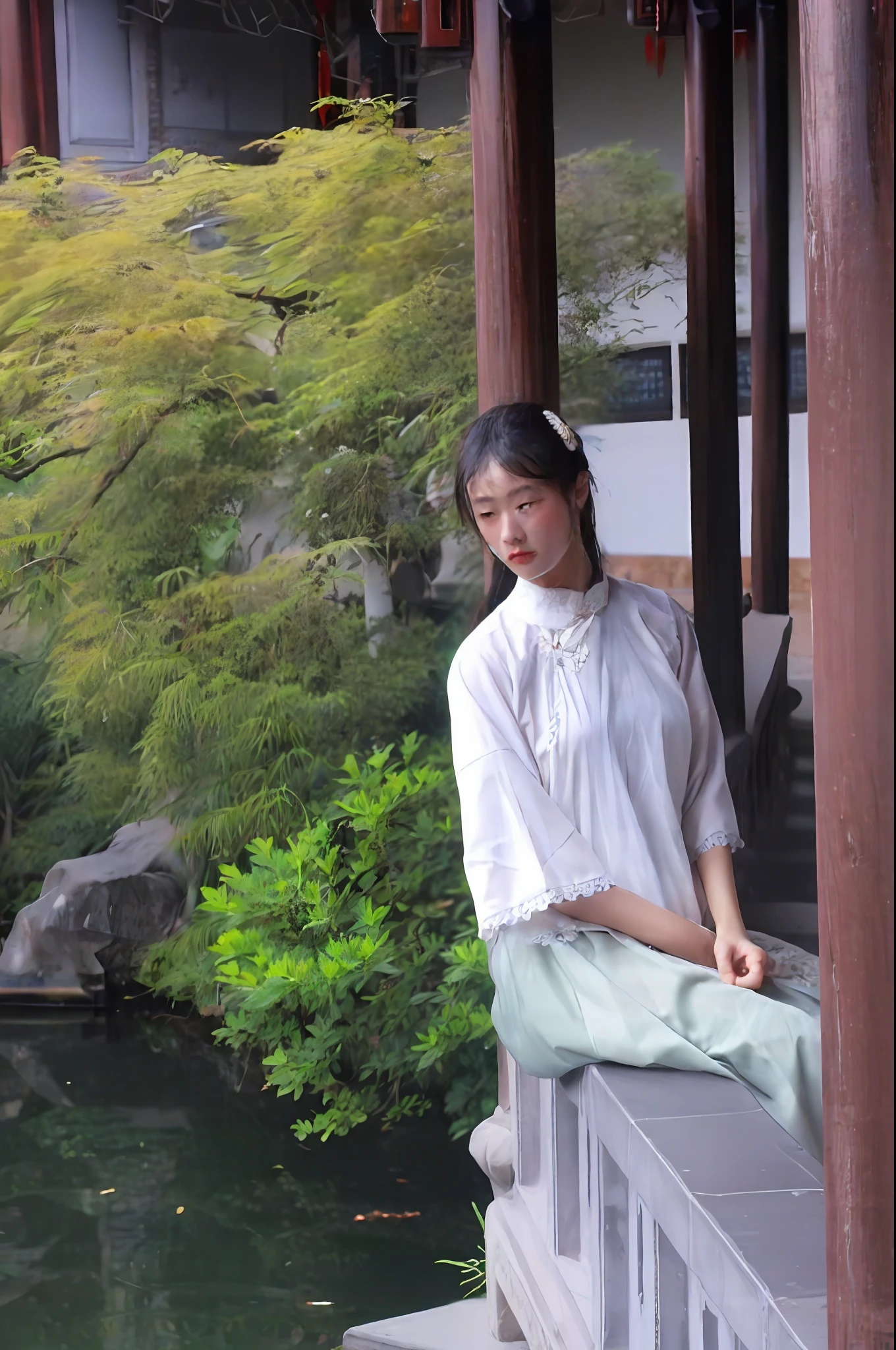 There was a woman sitting on a windowsill by the pond, Palace ， A girl in Hanfu, with acient chinese clothes, Inspired by Tang Yifen, inspired by Ma Yuanyu, inspired by Zhang Zeduan, Wearing ancient Chinese clothes, Inspired by Dai Xi, inspired by Zhou Shuxi, inspired by Tang Yin, inspired by Xie Shichen