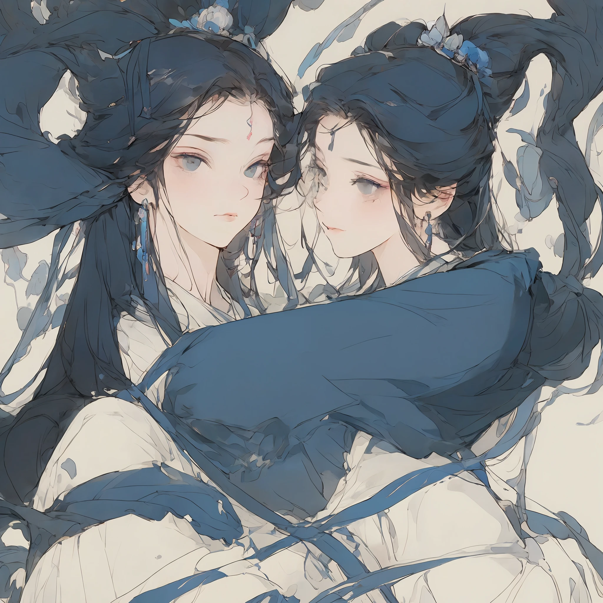 ((4k,masterpiece,best quality)), shuimobysim, Traditional chinese painting, lotuses, Hanfu, maxiskit, Dress conservatively 1girl, solo, blue long hair, ssmile, standing on your feet, Sit on a tree, The barefoot, --auto
