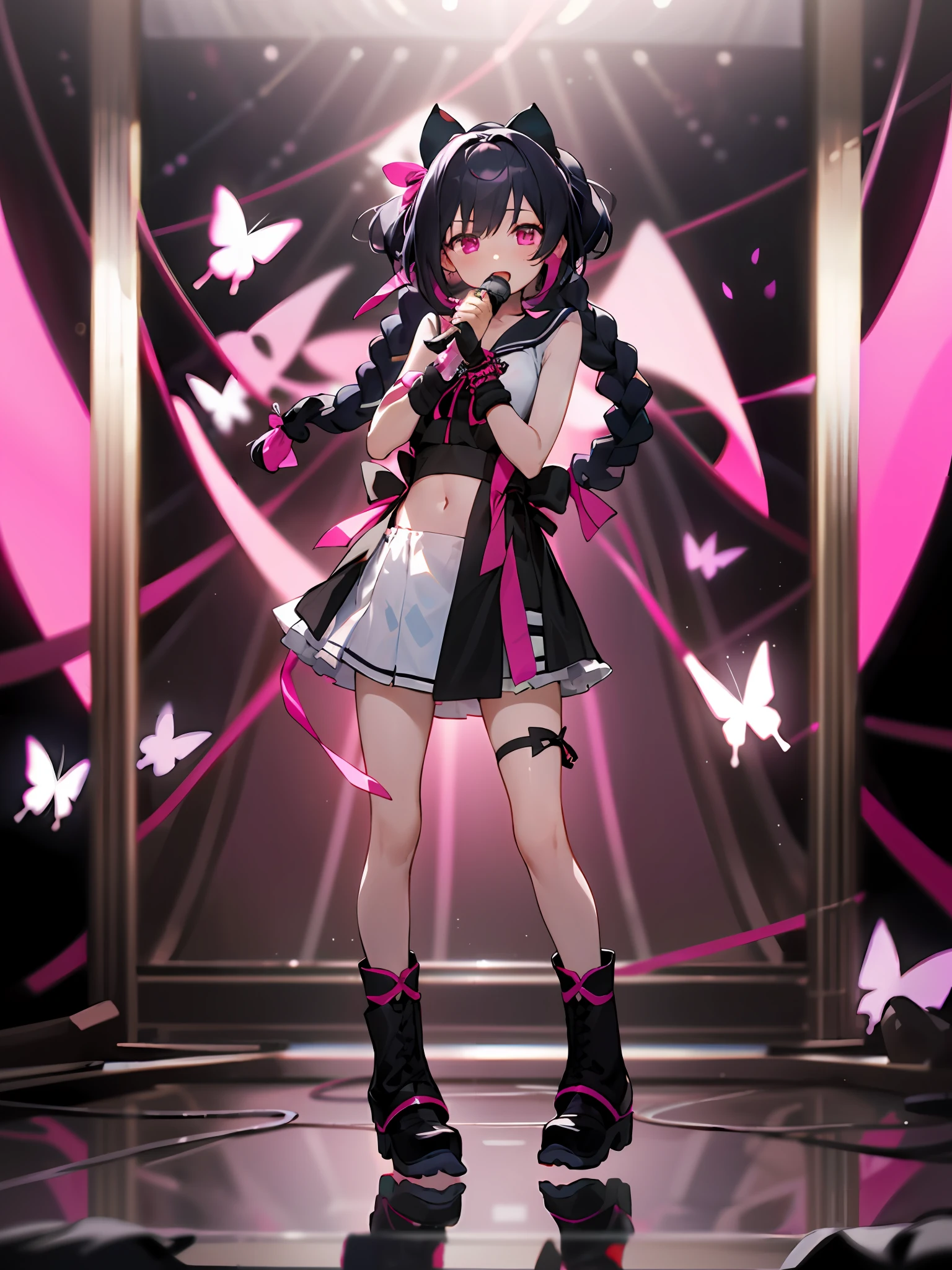 ((Masterpiece,Best quality))Pink bow on the head,Crop topping , Black ribbon, Hair ribbon,  Face front，one-girl，black sash，pink and black hair，ribbon，Black boots，Fold socks double pockets，standing on your feet，Sing，Sing，Sing，Stage，Pink and black tops，Pink eyes，Pink microphone，Pink butterfly，Open navel，Bracelet，leg loops，Harnes，Bare arms，Twist braids