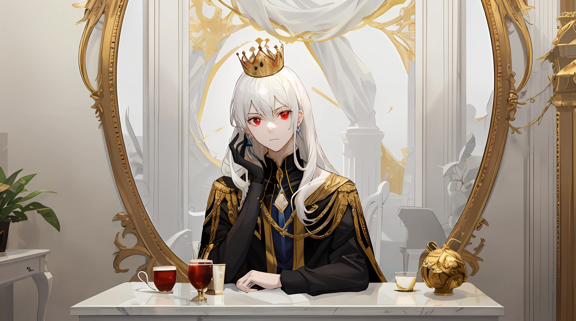 White hair and red eyes,Golden crown,luxury and dissipation,Above 10,000 people