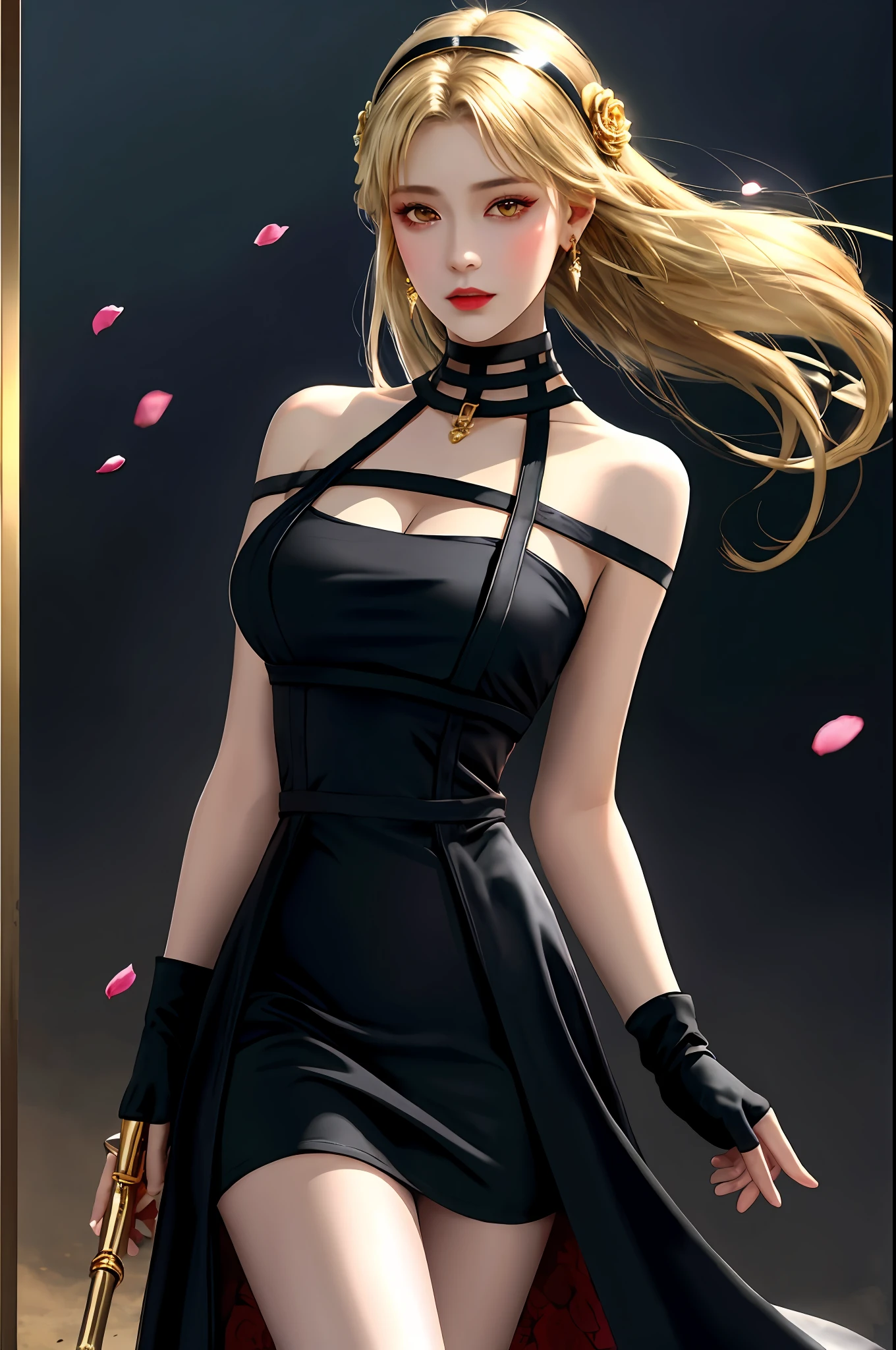 yor briar,(realisticlying),a beauty girl,Contre-Jour,cropped shoulders,blacksole,blackdress,Black gloves,brunette color hair,beauty breast,Keep one's mouth shut,Cowboy photos,a skirt,耳?????? Ring,face expressionless,Fingerless gloves,float hair,mitts,Gold earrings,Blonde hair hoop,hairflower,hair adornments,Headbands,jewelry,huge tit,light particules,long whitr hair,grandstand,off the shoulder dress,cropped shoulders,petals,red - eyed,bobbed long hair,Lateral hair,solo , Spikes, upper legs, two-sided dress, two-sided fabric, ((masterpiece))blacksilk