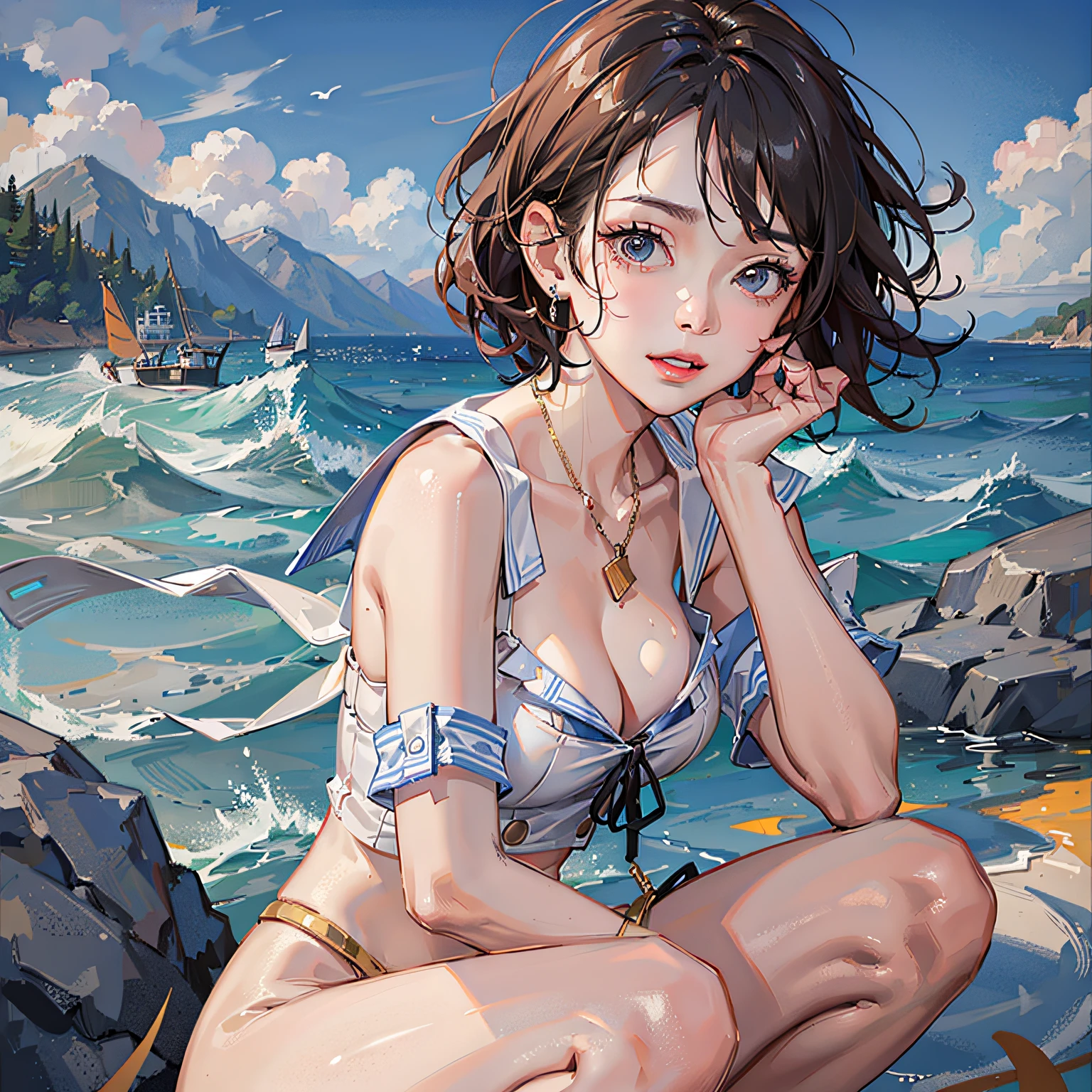 largeeyes,little mouth,Goose egg face,Red flutter,short detailed hair,curlies,The best master,Realisticstyle,Cinematic texture,Soft gaze,adolable,beachside,sea breezes,warm,short skirt,Fluffy herds,relaxed,photore,Real Human --auto