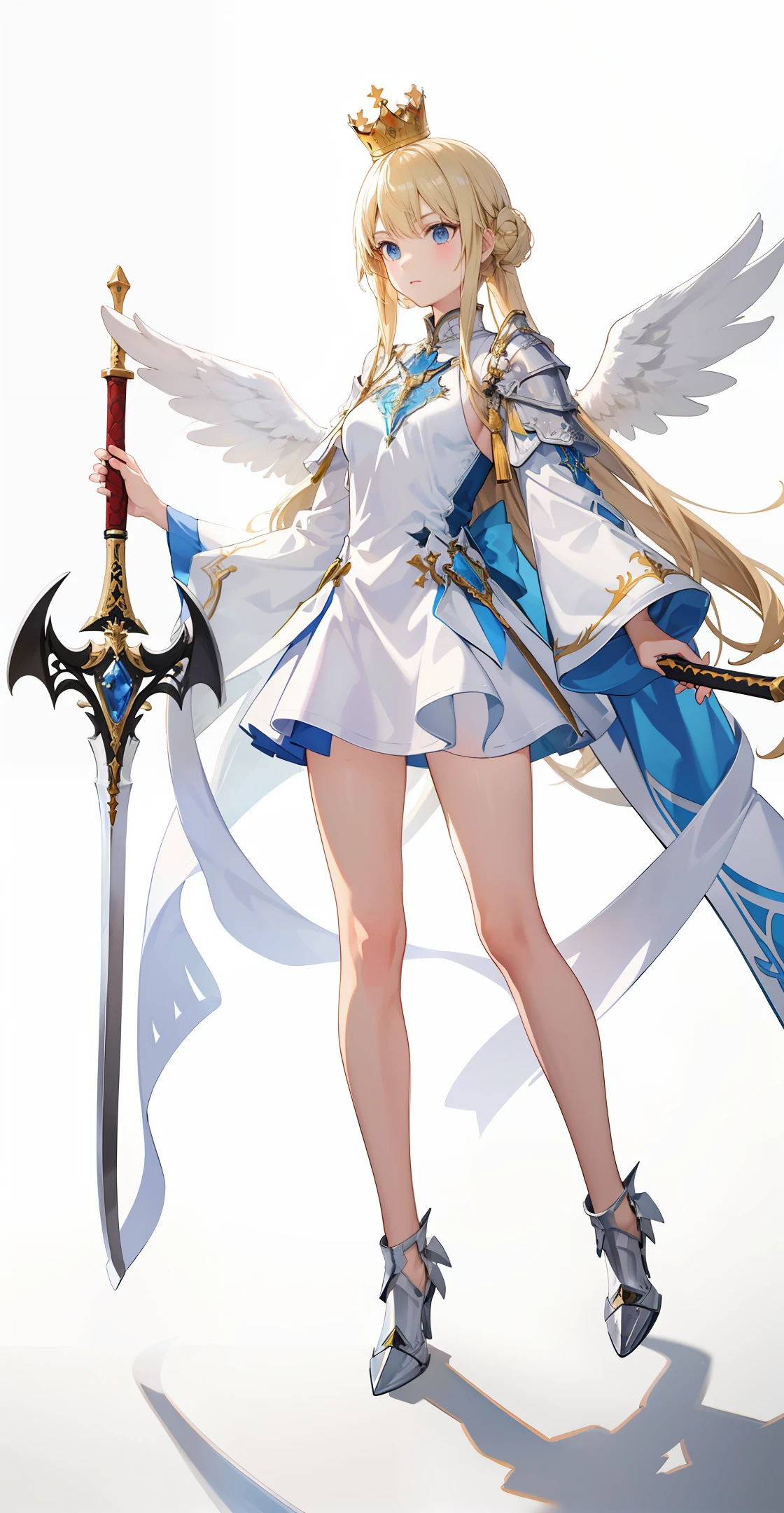 Blonde angel Three pairs of wings Full body Holding holy sword Silver-white armor Long legs exposing thighs and knees Crown on head