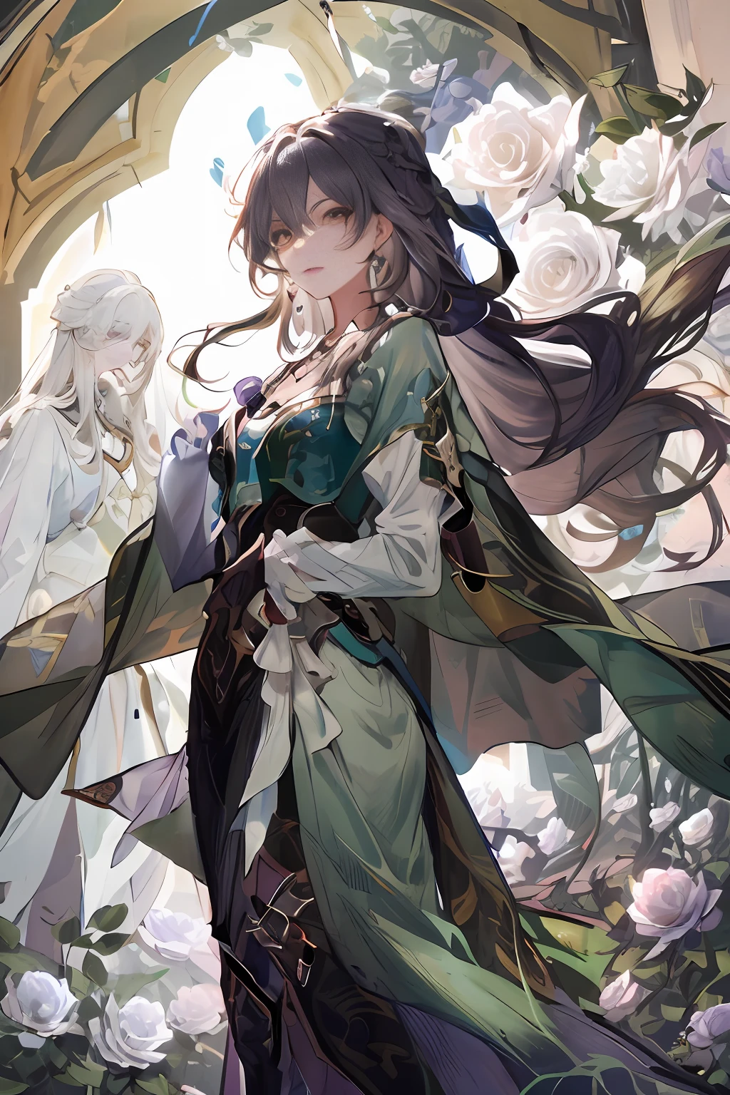 This is a girl,Purple colored hair,Wearing necklaces and earrings,Wearing a long green dress,She pointed ahead,Long hair with flowers and white roses。Has archangel wings,But behind him are countless ghosts,Ink wind,High picture quality