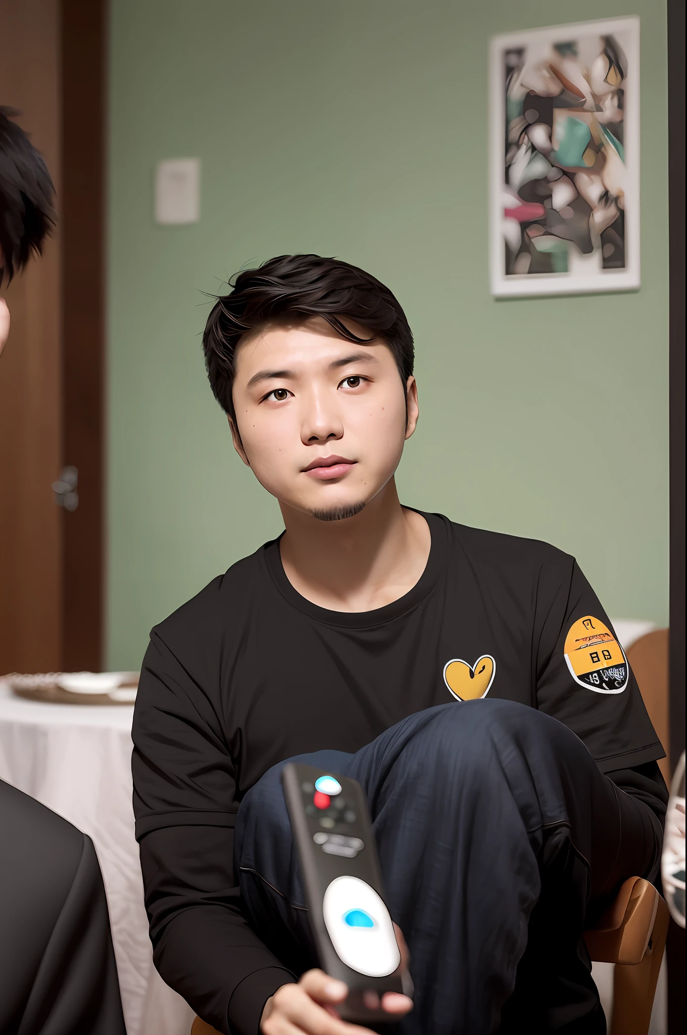 There was a man sitting at the table,Holding a remote control in his hand, xintong chen, yanjun cheng, Li Zixin, huifeng huang, wenjun lin, xue han, Cai Xukun, mingchen shen, xiaofan zhang, yihao ren, yangjun chen, jinyiwei, zeng fanzh, wei wang